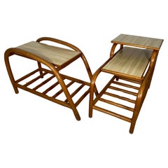 Mid Century Modern Bamboo Rattan Side Step Table Set