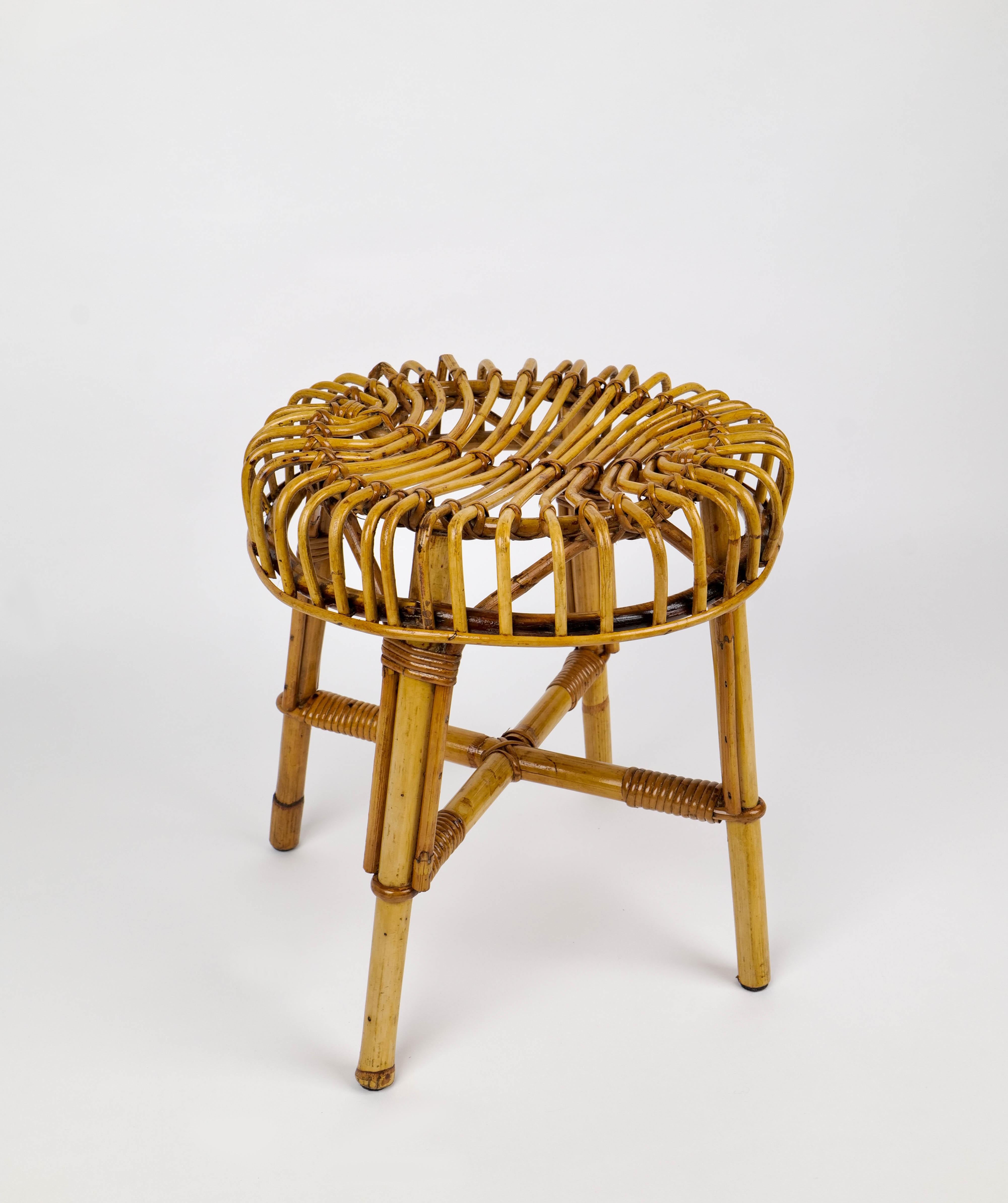 Italian Mid-Century Modern Bamboo Rattan Stool Attributed to Franco Albini, Italy, 1960s For Sale