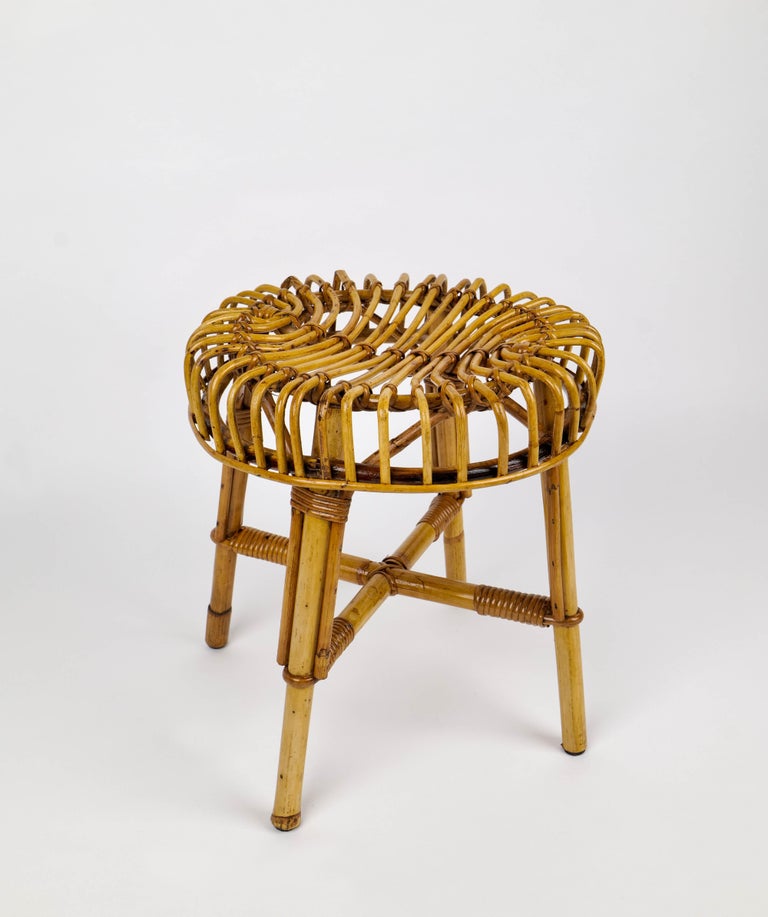 MidCentury Modern Bamboo Rattan Stool Attributed to Franco Albini