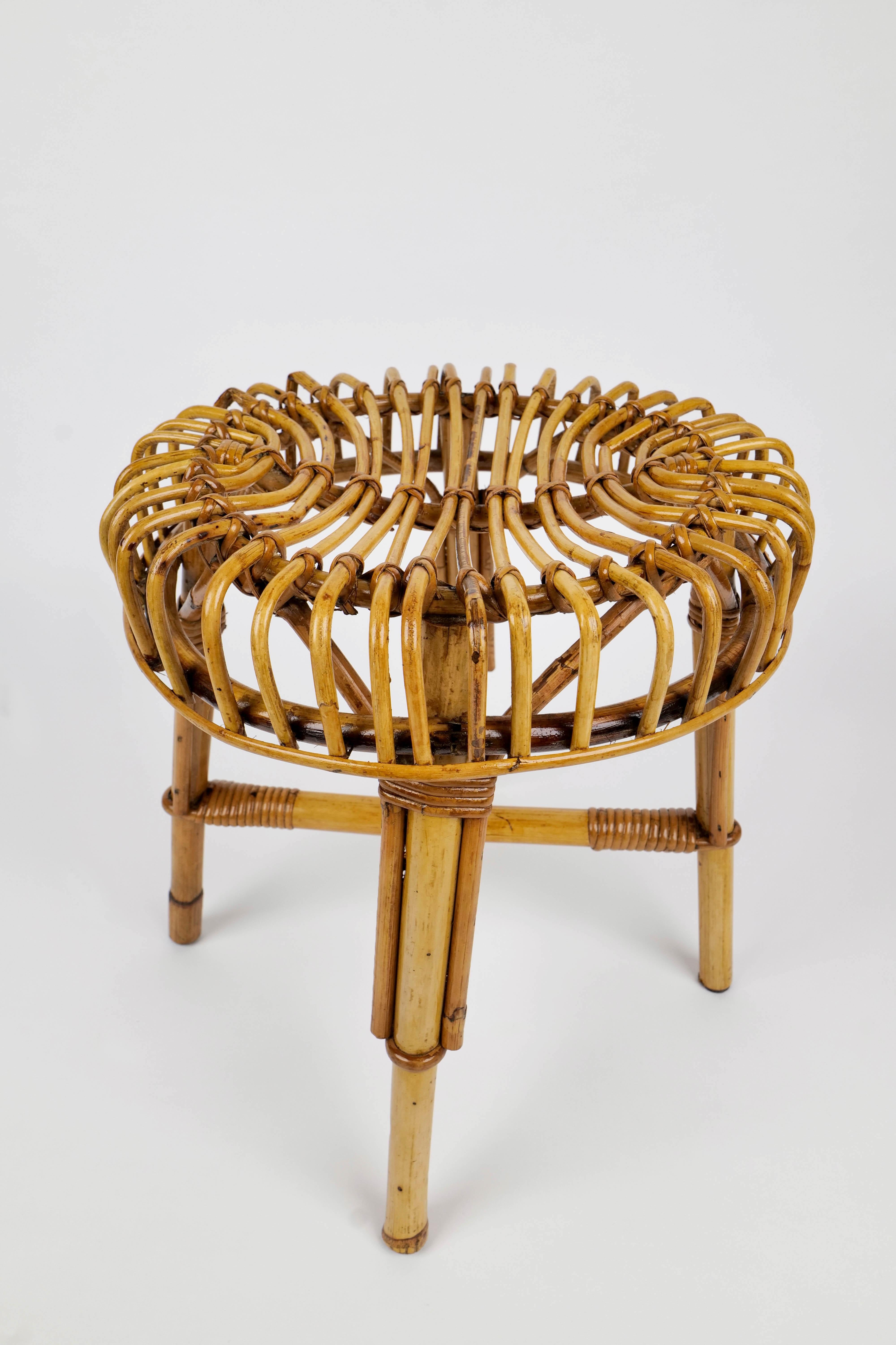 Mid-Century Modern Bamboo Rattan Stool Attributed to Franco Albini, Italy, 1960s In Good Condition For Sale In Rome, IT