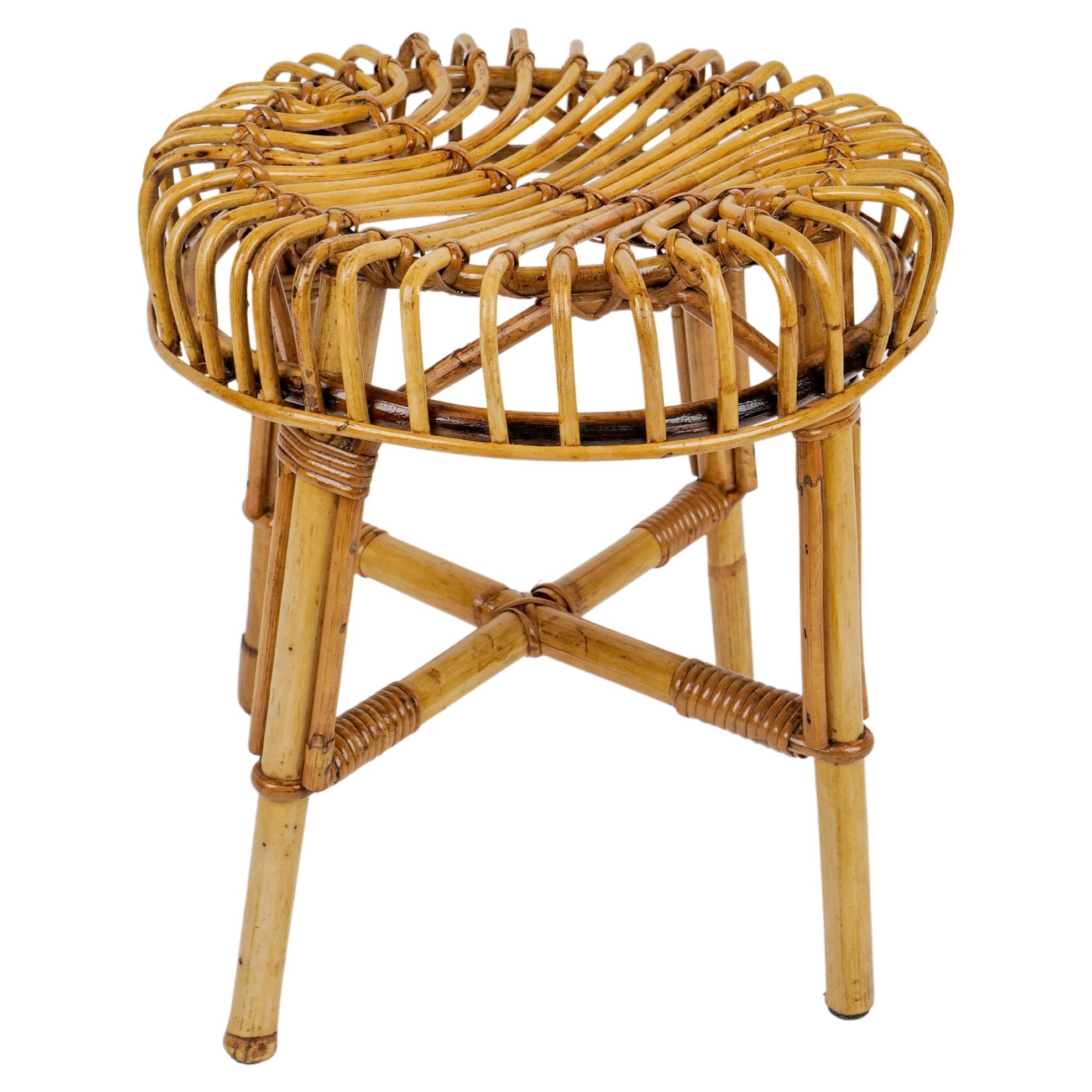 Mid-Century Modern Bamboo Rattan Stool Attributed to Franco Albini, Italy, 1960s For Sale