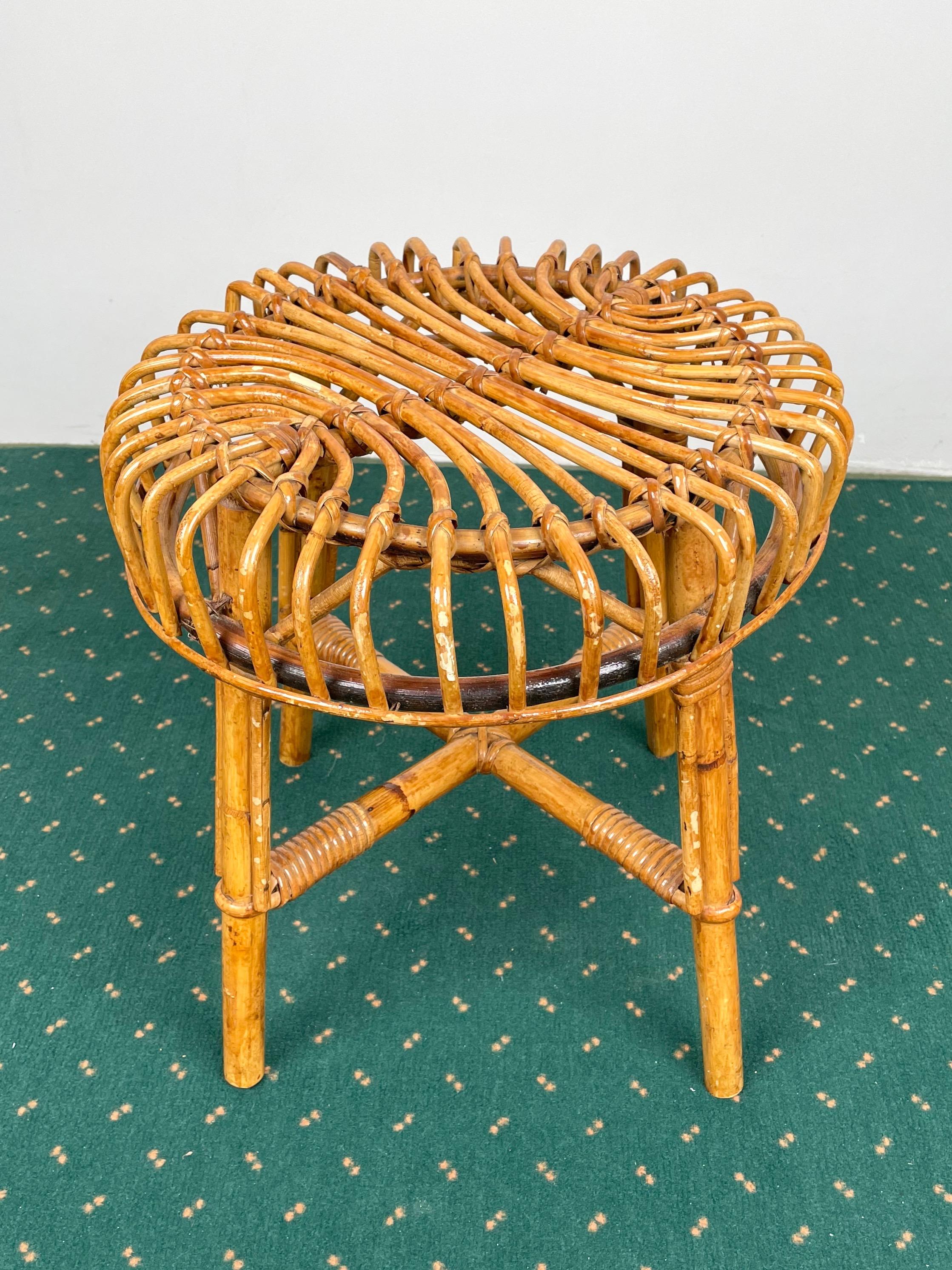 1960s Italian stool in bamboo and rattan.