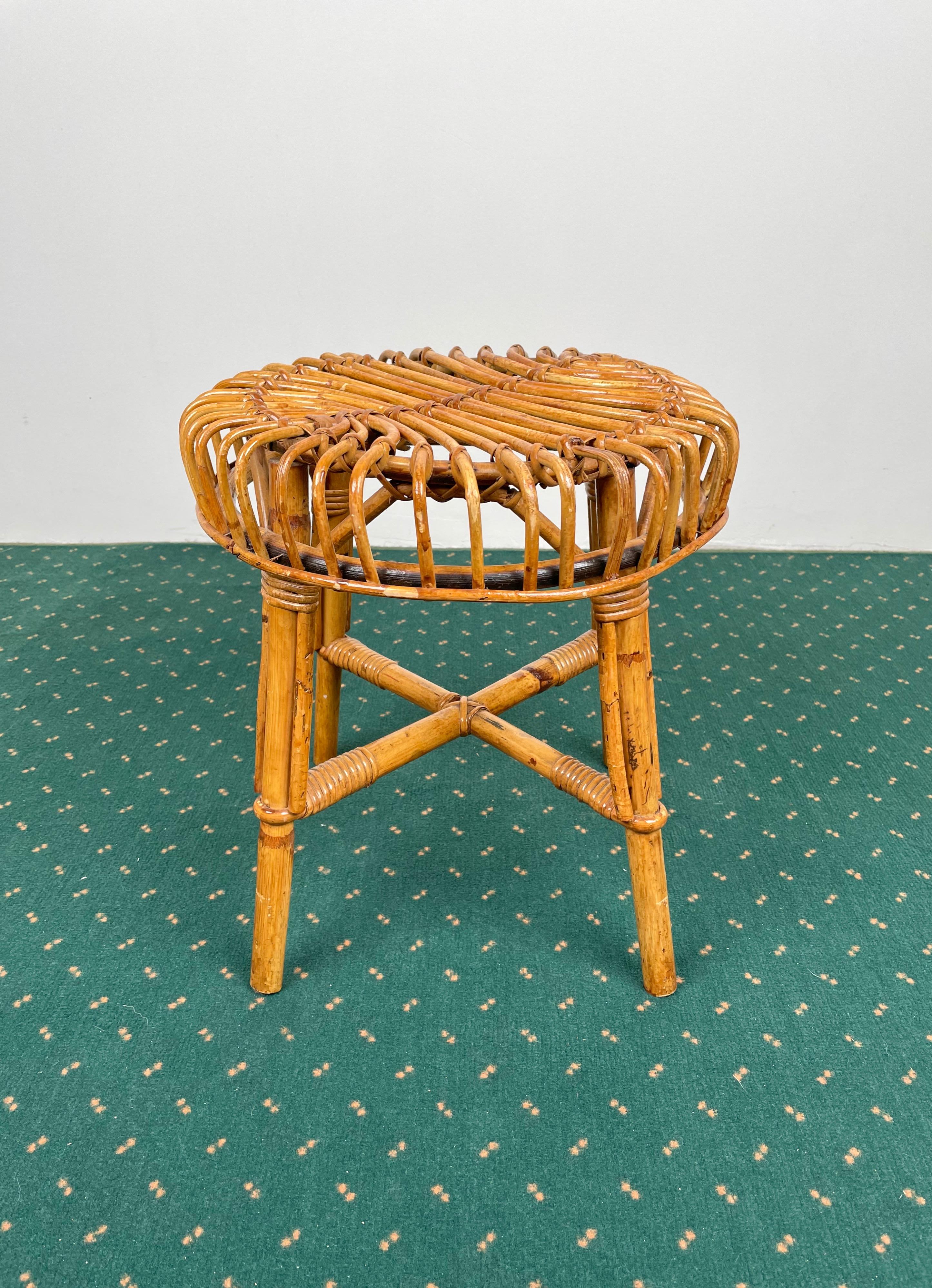 Italian Mid-Century Modern Bamboo Rattan Stool, Italy, 1960s For Sale