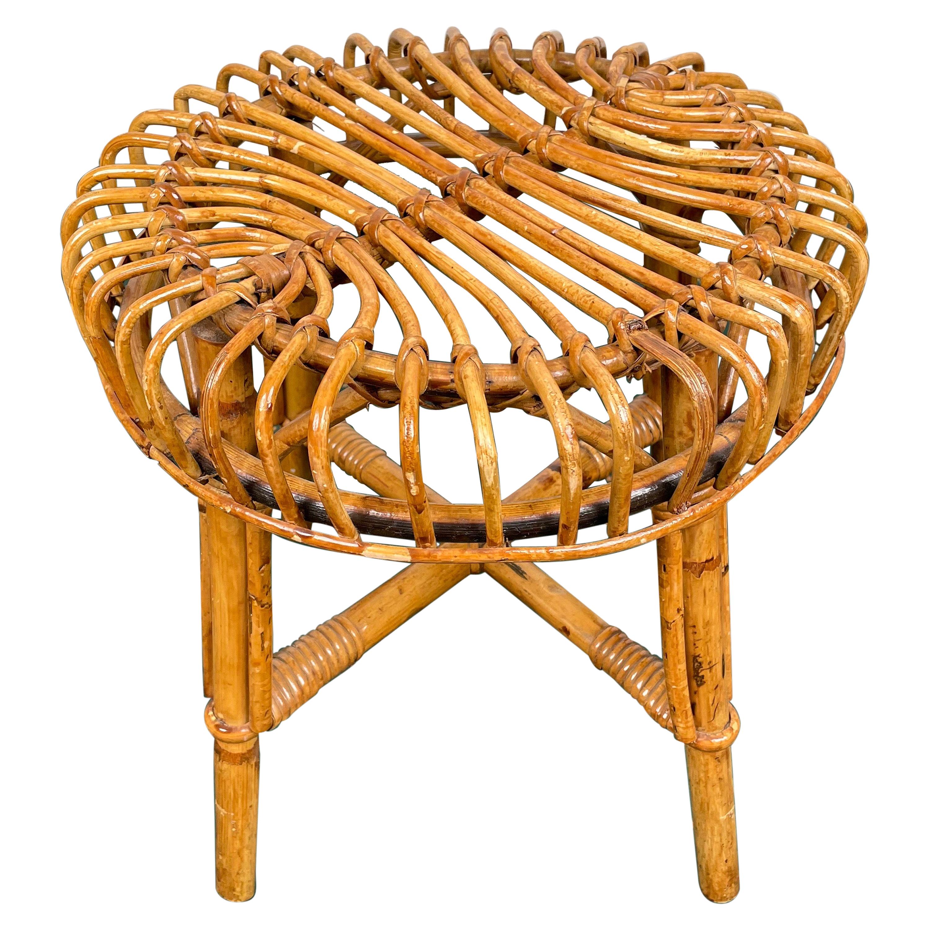 Mid-Century Modern Bamboo Rattan Stool, Italy, 1960s For Sale