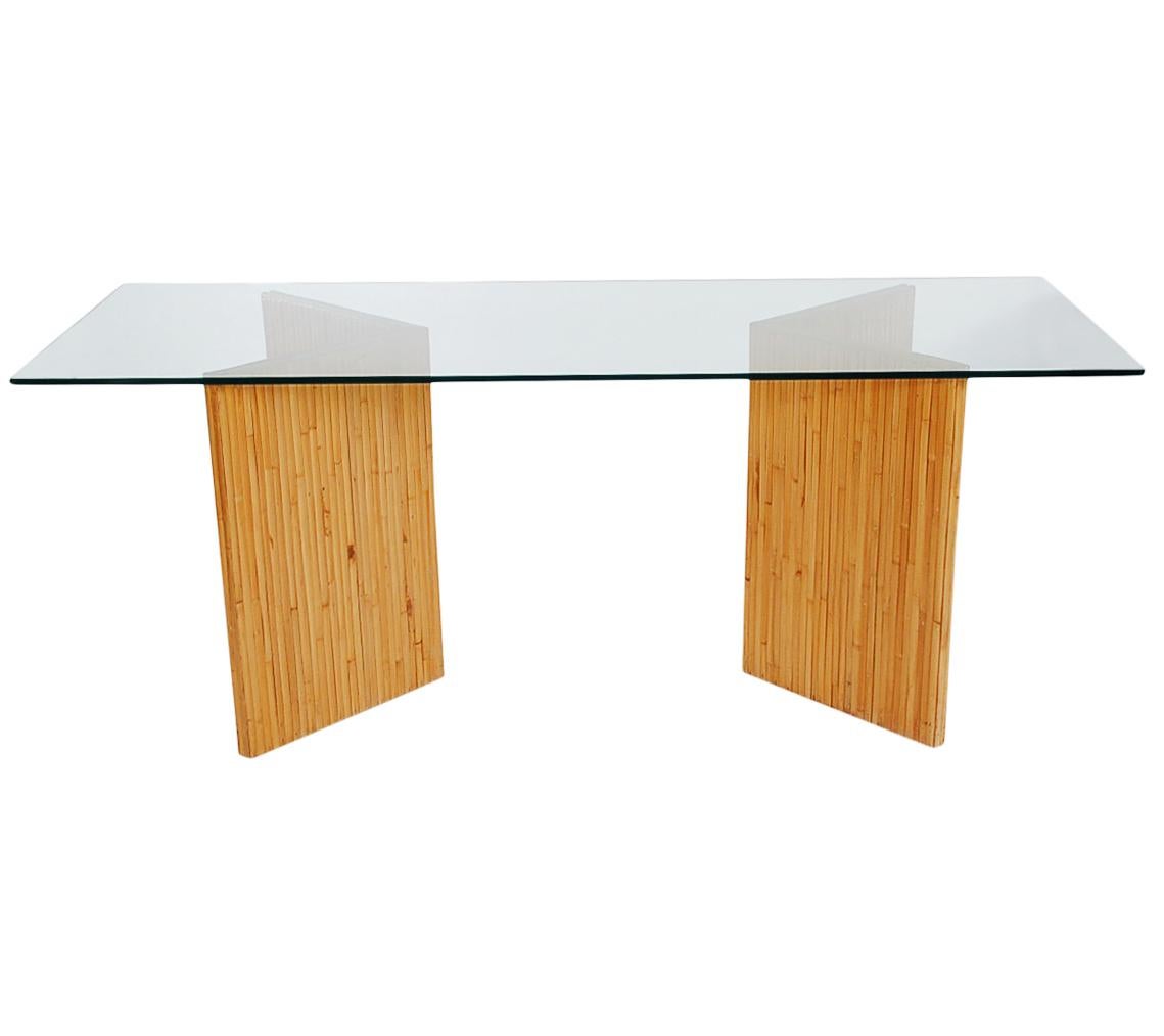 American Mid-Century Modern Bamboo Reed Console Table, Sofa Table or Desk with Glass Top