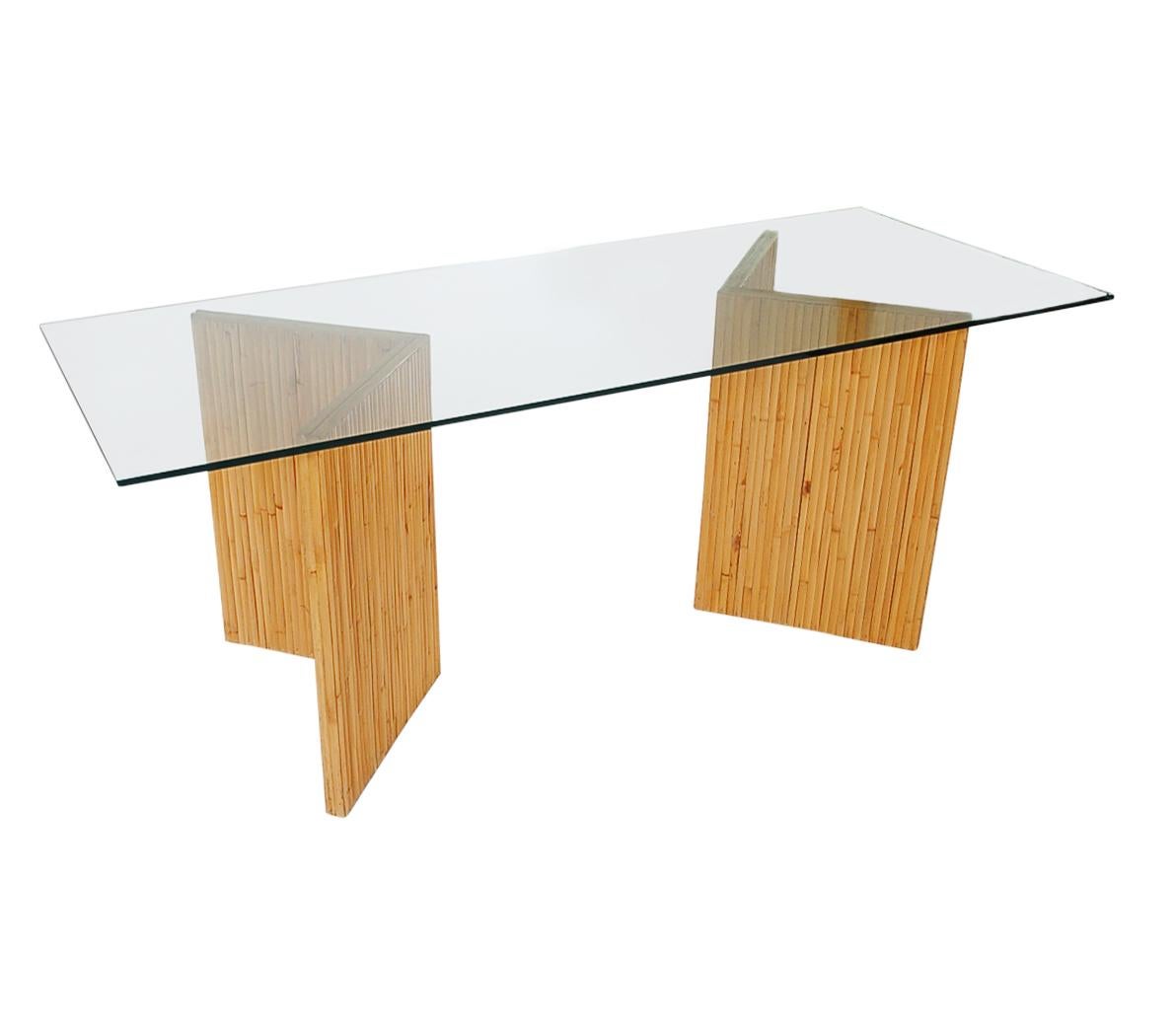 Late 20th Century Mid-Century Modern Bamboo Reed Console Table, Sofa Table or Desk with Glass Top
