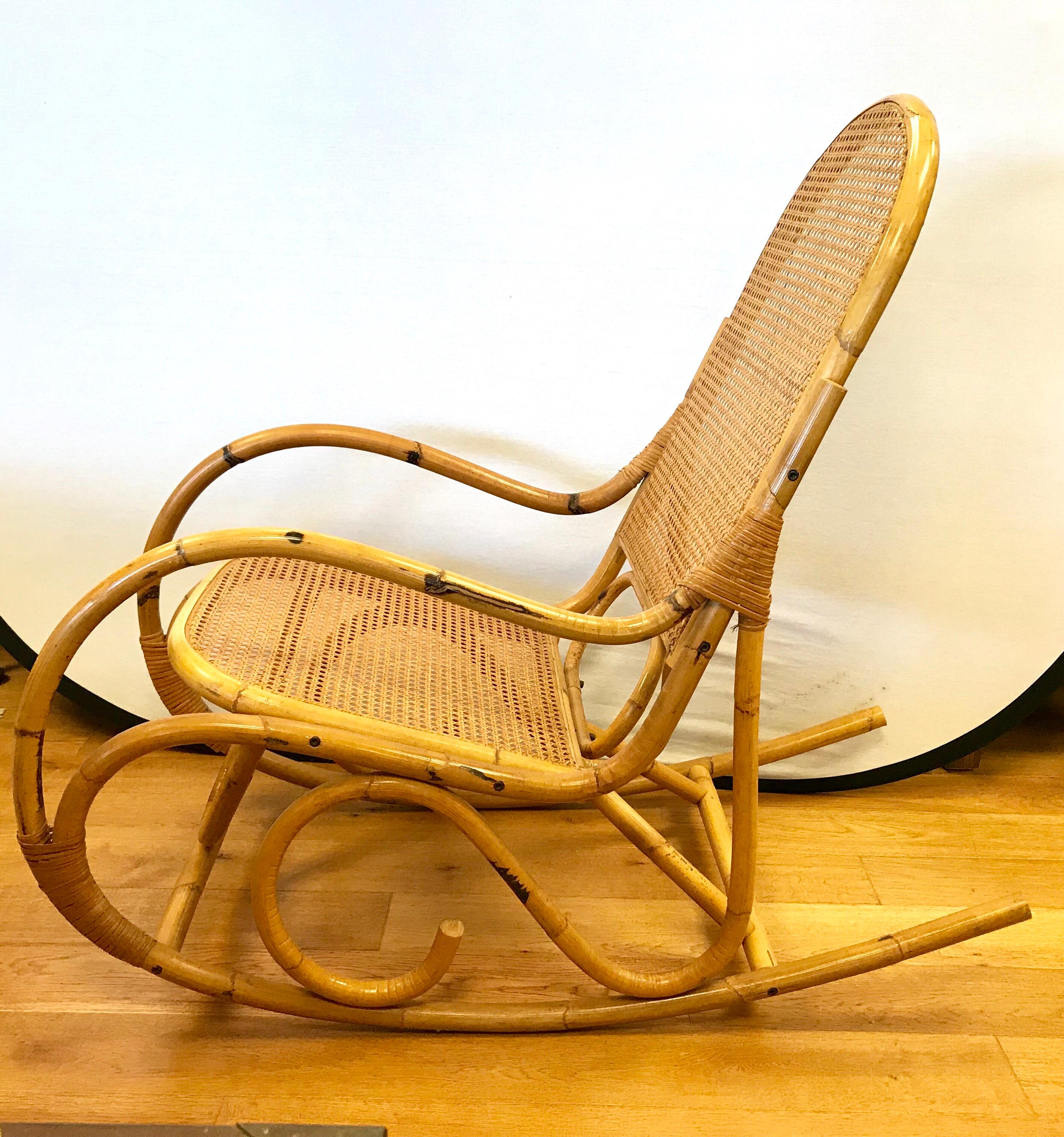 Mid-Century Modern Bamboo Rocker Rocking Chair In Good Condition In West Hartford, CT