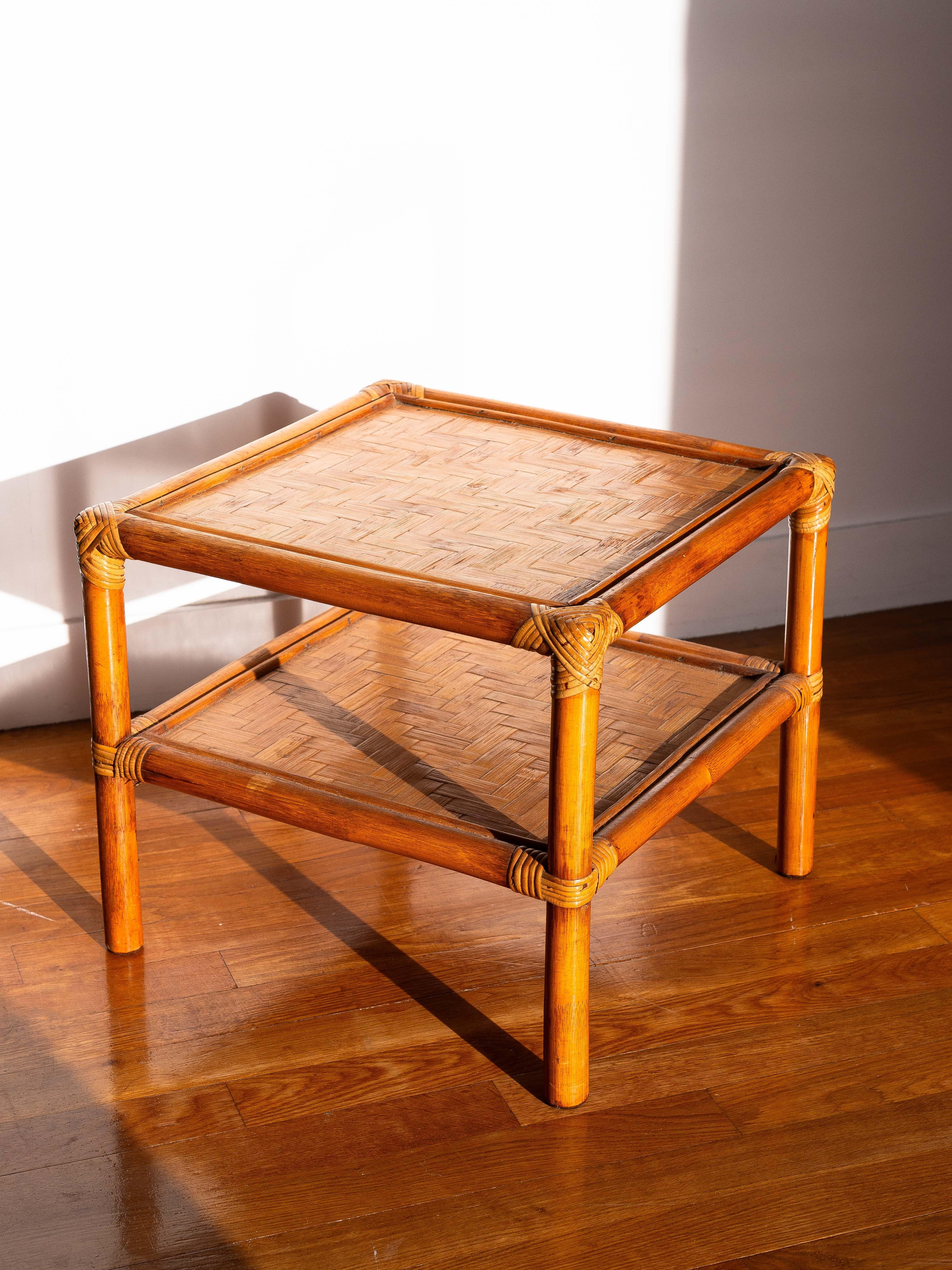 Mid-Century Modern Mid Century Modern Bamboo Side Table - Bamboo & Rattan End Table - France 1960s For Sale