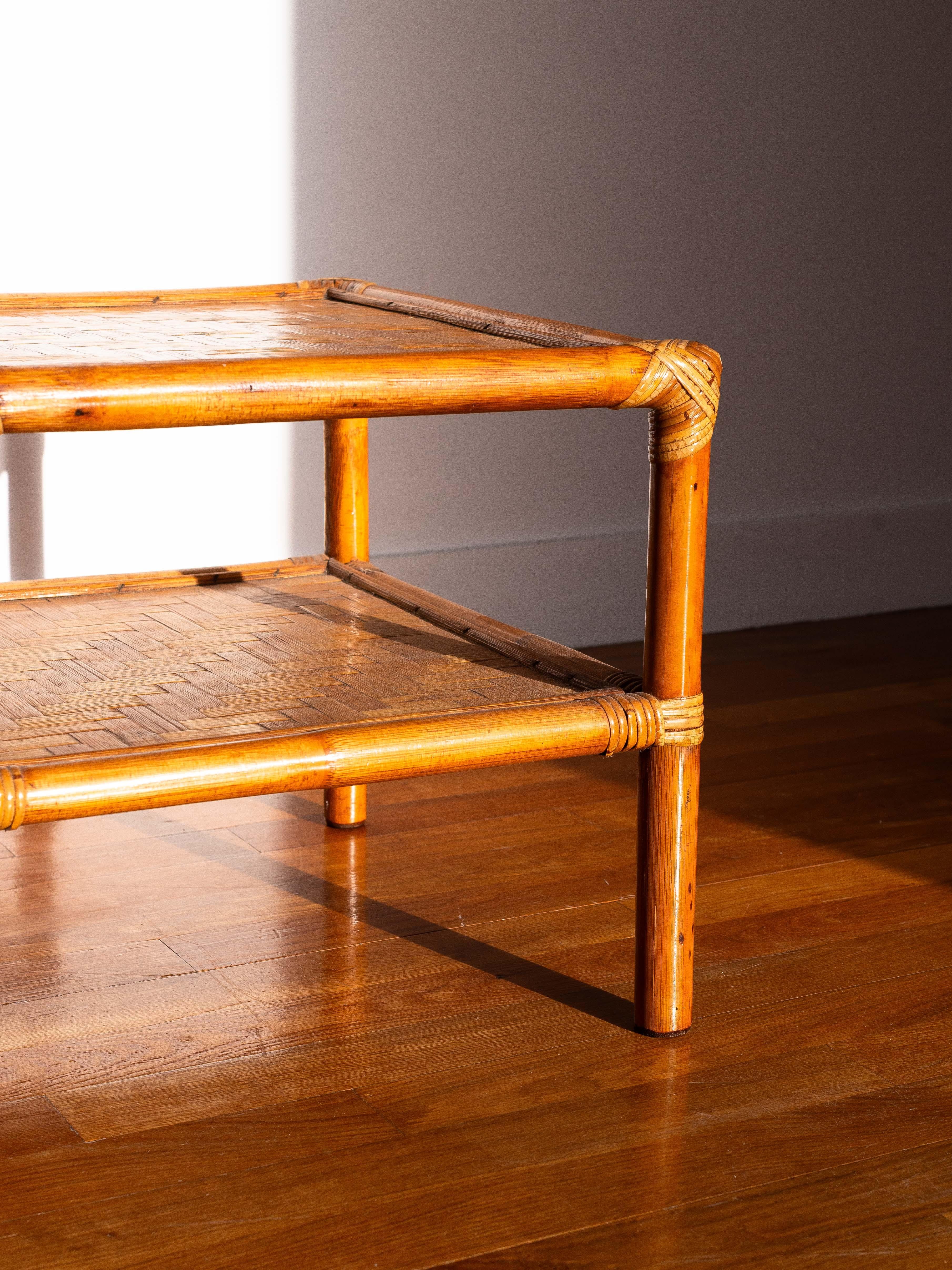 French Mid Century Modern Bamboo Side Table - Bamboo & Rattan End Table - France 1960s For Sale
