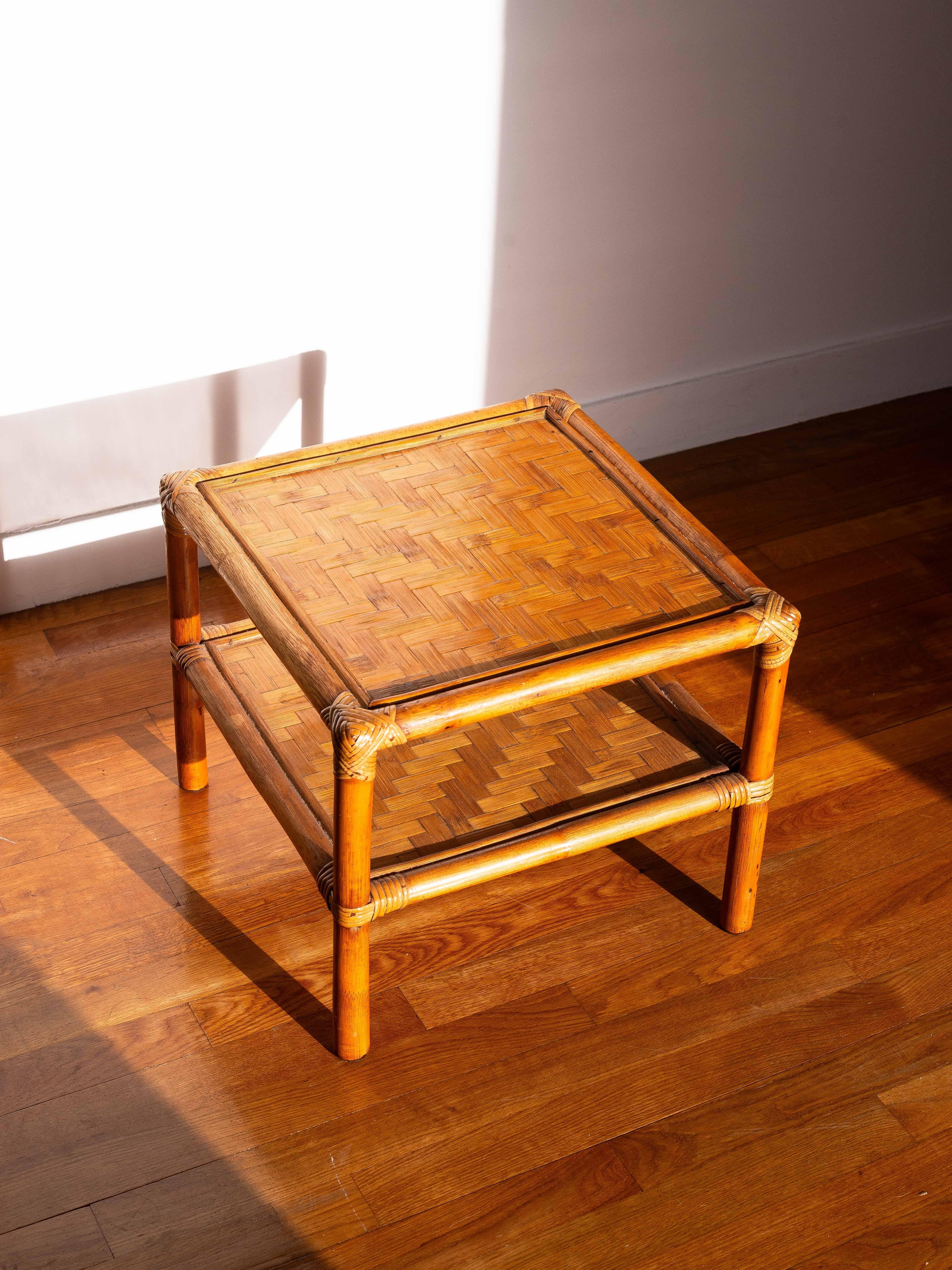 Hand-Crafted Mid Century Modern Bamboo Side Table - Bamboo & Rattan End Table - France 1960s For Sale