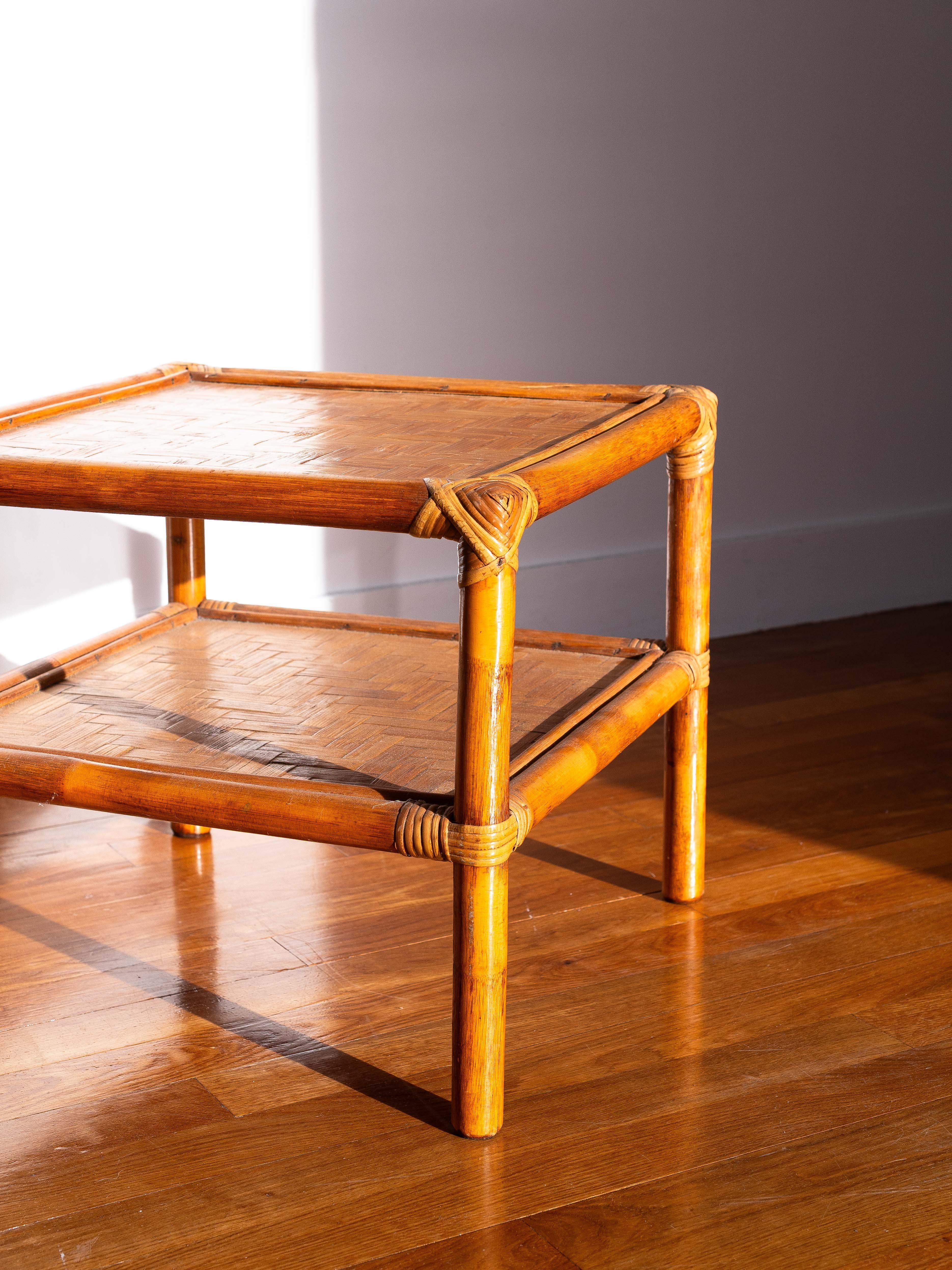 Mid Century Modern Bamboo Side Table - Bamboo & Rattan End Table - France 1960s For Sale 1