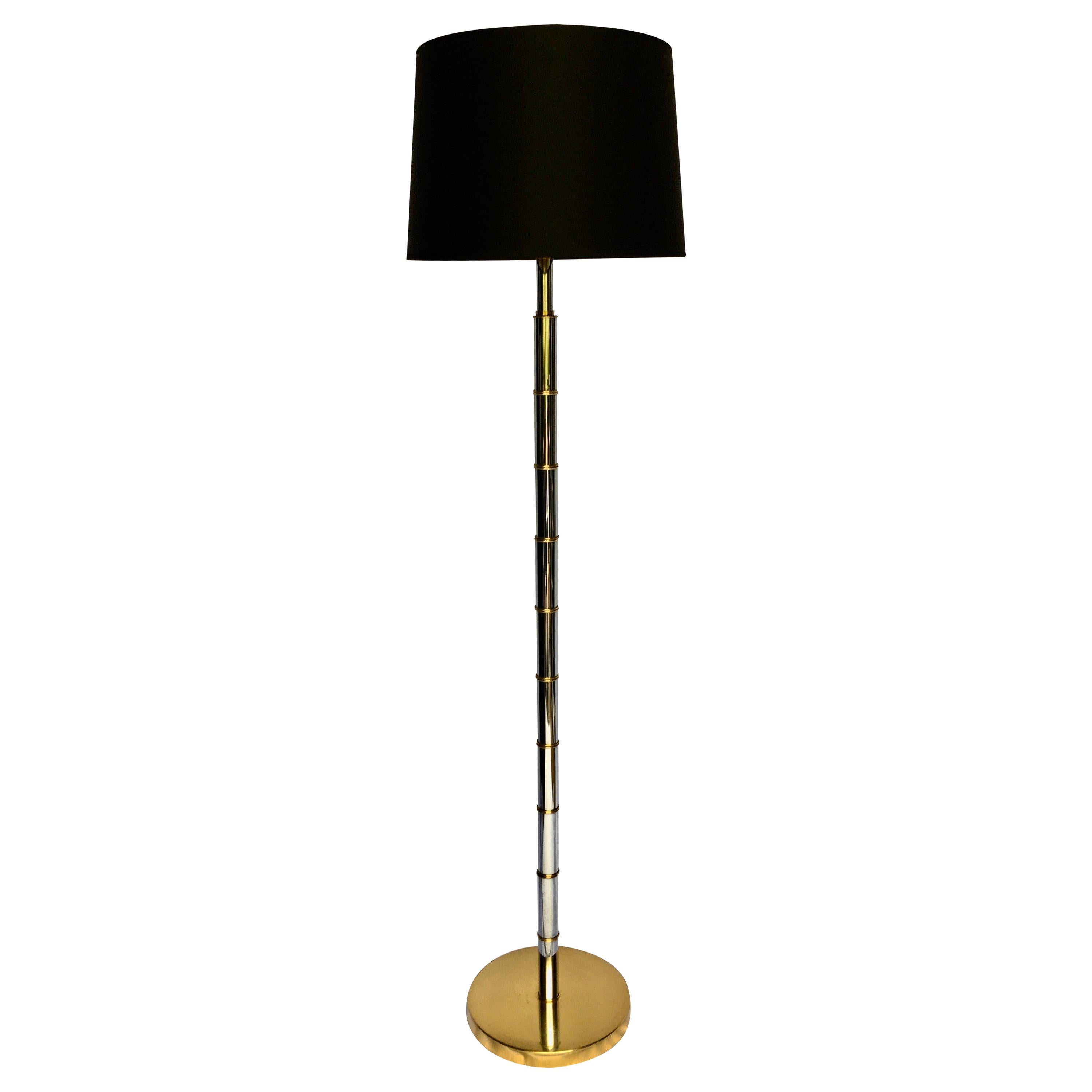 Mid-Century Modern Bamboo Style Chrome and Brass Floor Lamp, 1970s For Sale