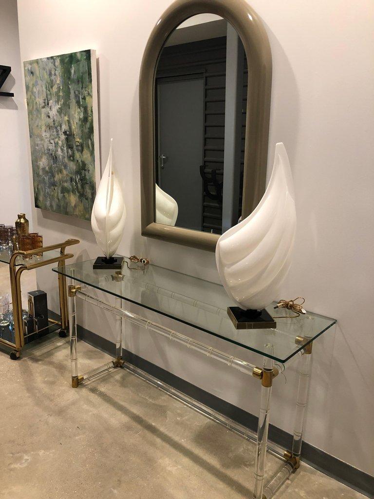 Charles Hollis Jones Bamboo Style Lucite Frame Glass Top w/ Brass Console Table For Sale 12