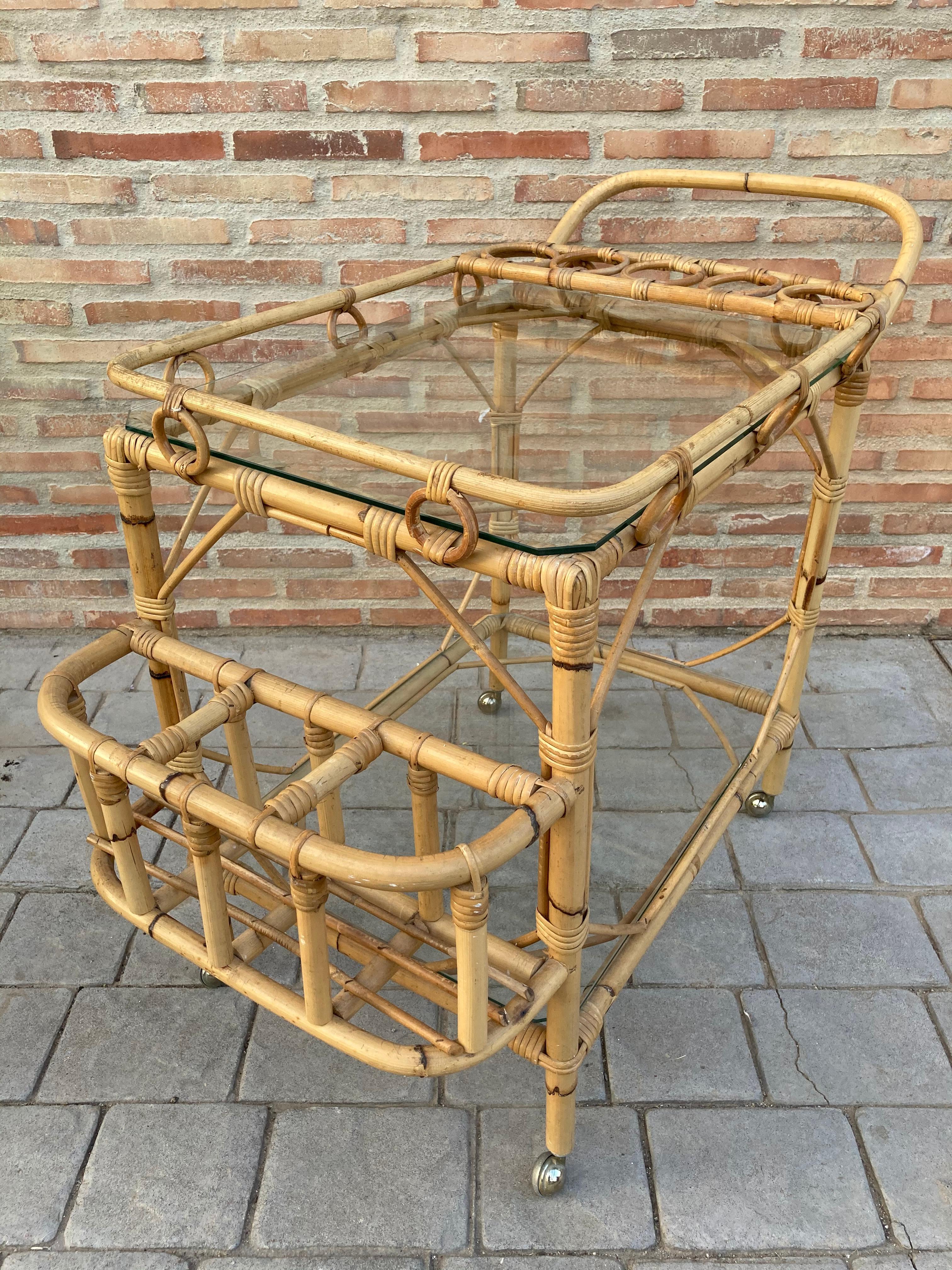 Spanish Mid-Century Modern Bamboo Tea Cart, Garden Furniture For Sale