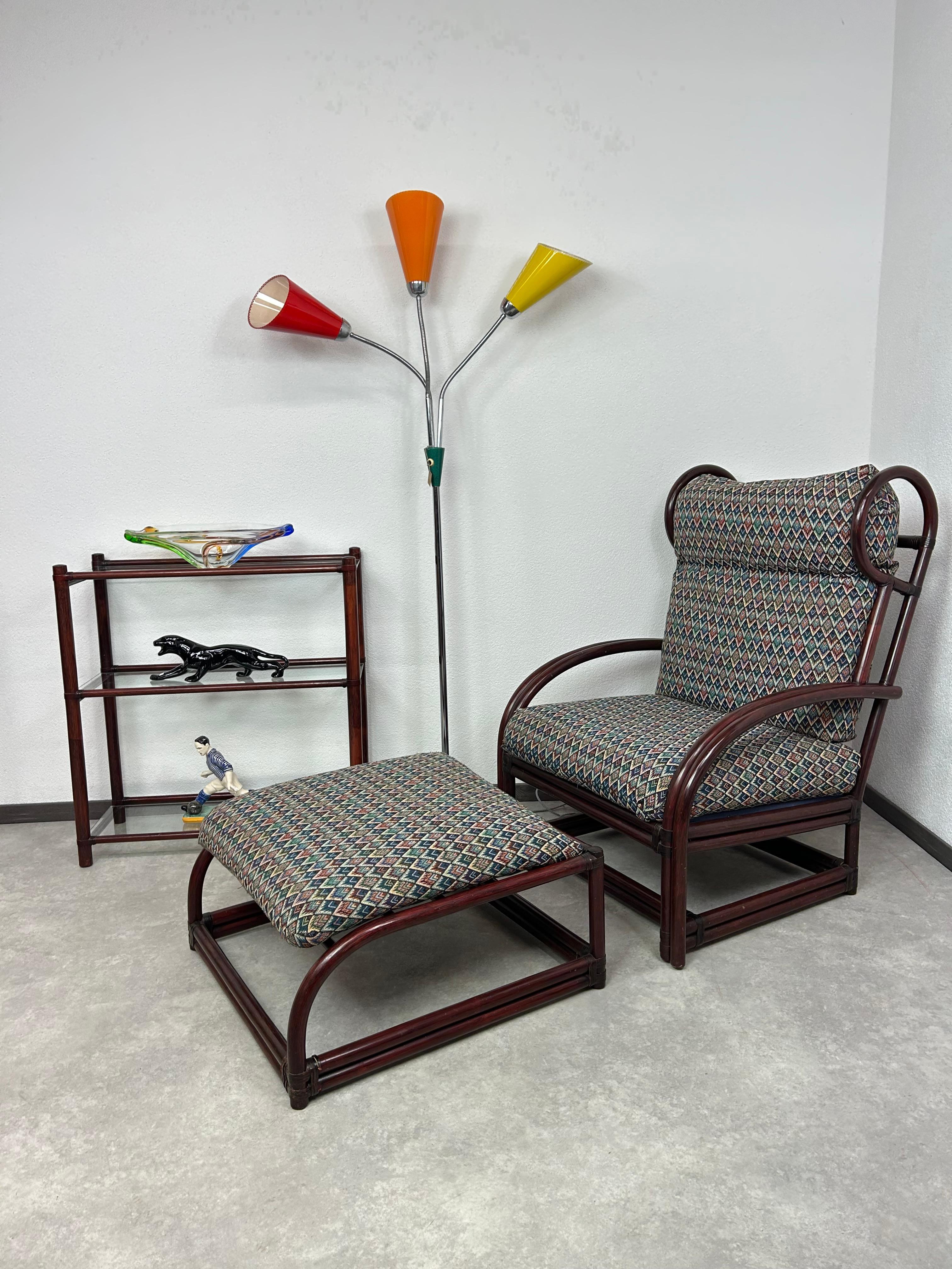 Sillón moderno de bambú de mediados de siglo con taburete de Gervasoni Moderno de mediados de siglo en venta