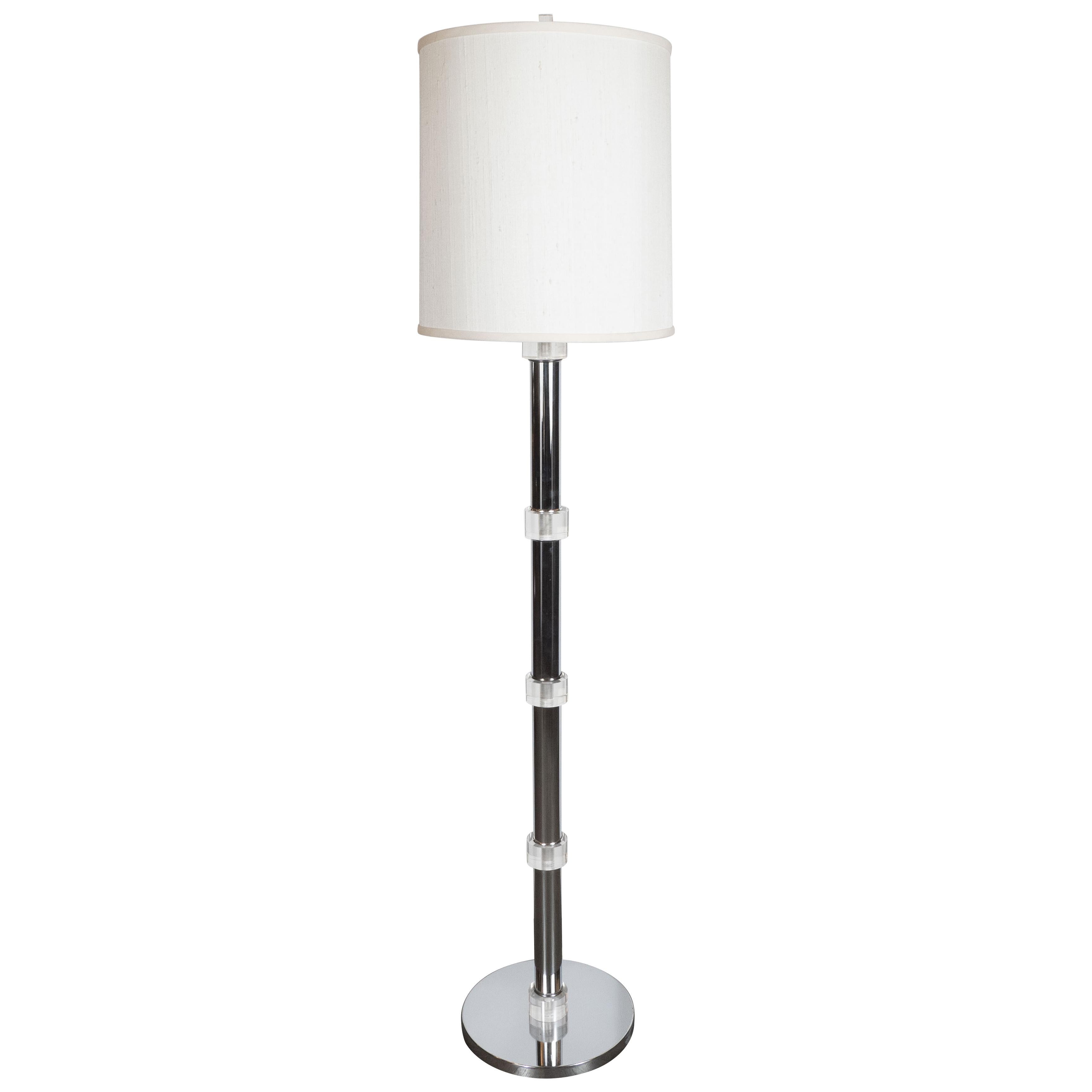 Mid-Century Modern Banded Lucite and Chrome Floor Lamp