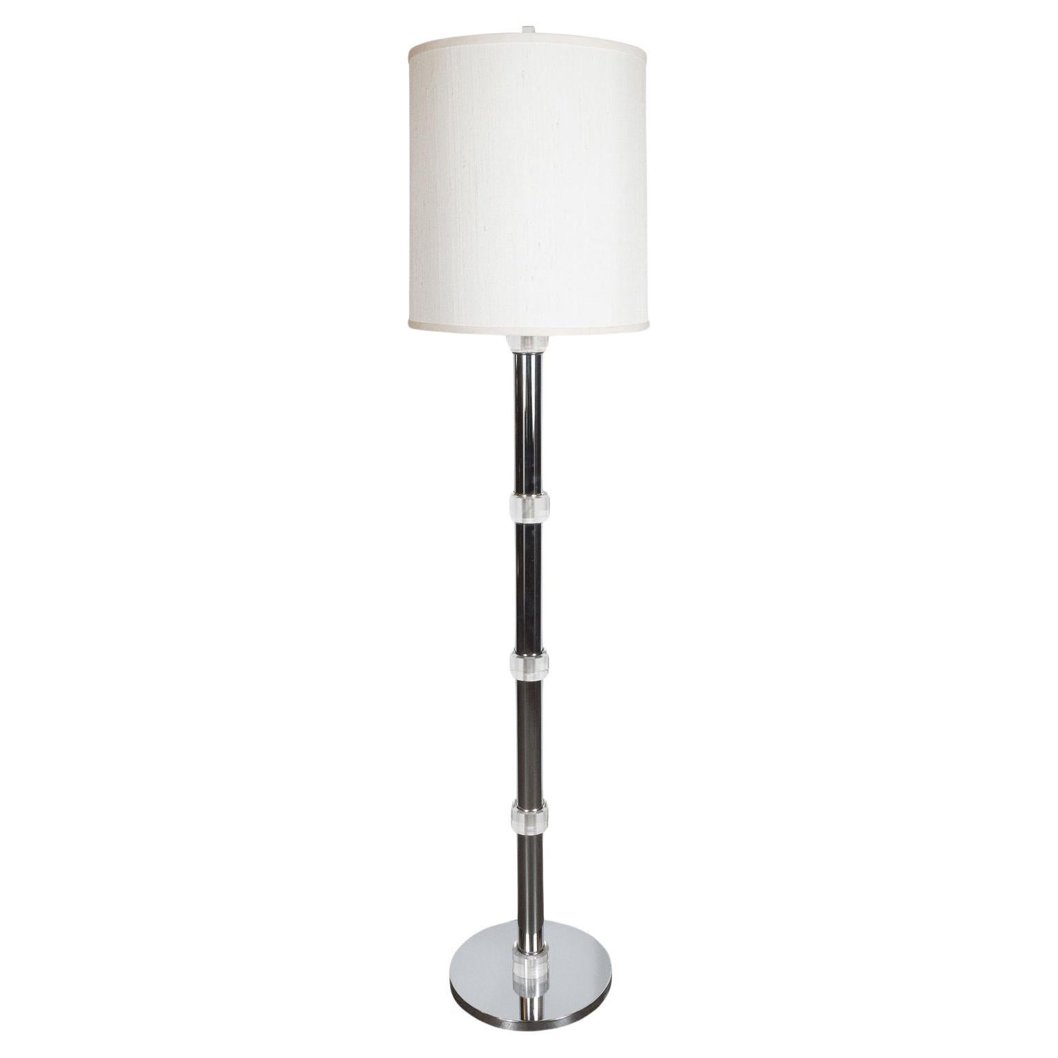 Mid-Century Modern Banded Lucite and Chrome Floor Lamp For Sale