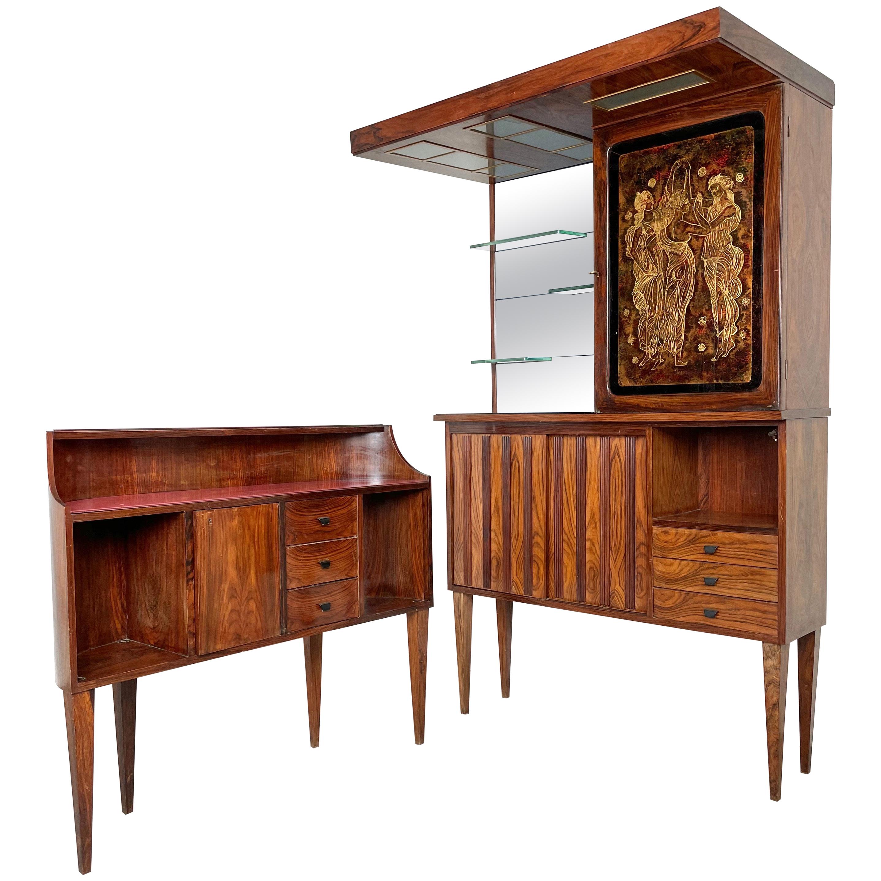 Mid-Century Modern Bar Cabinet in Wood, Mirror and Glass, Italy, 1960s For Sale