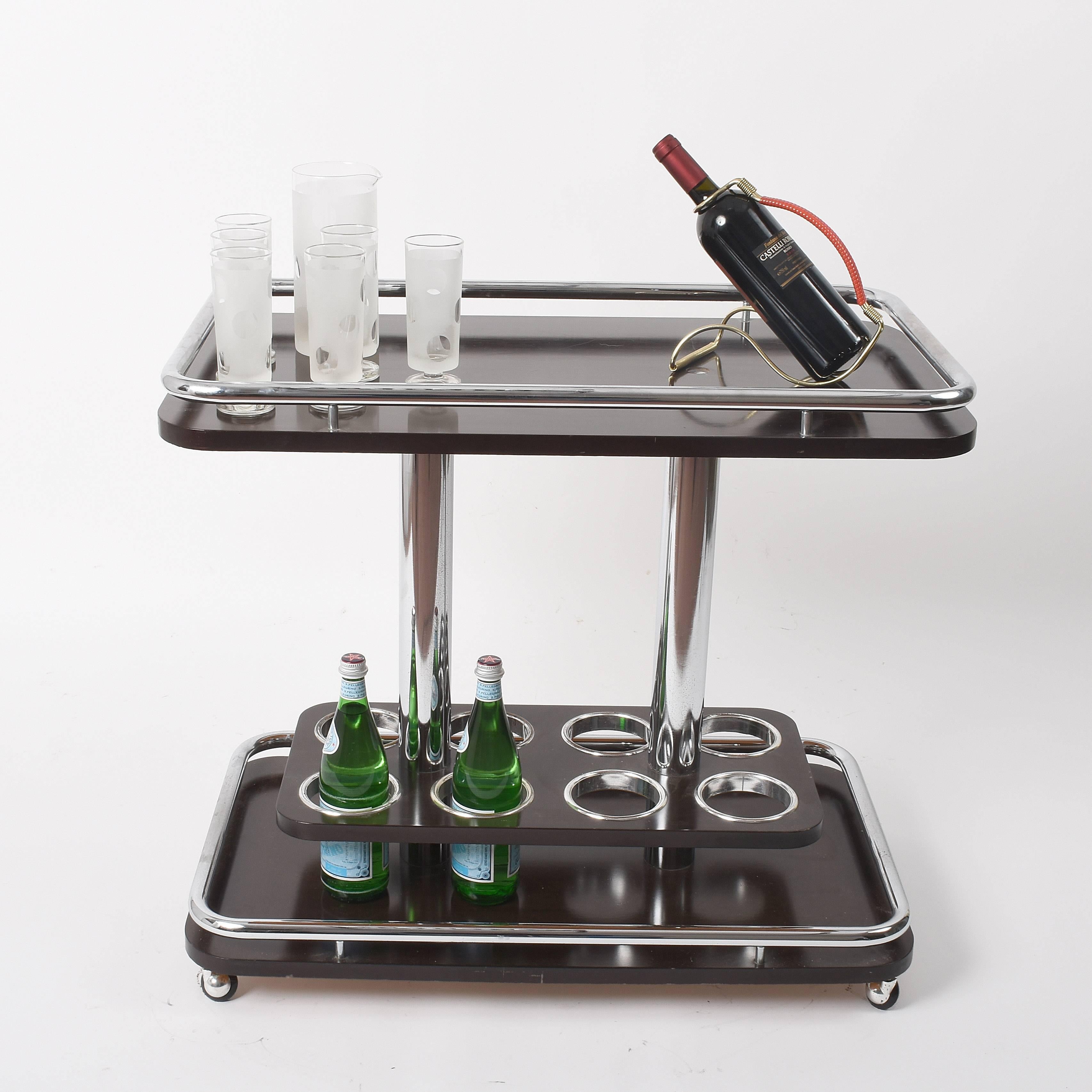 Italian Mid-Century Modern Bar Cart Afra e Tobia Scarpa Manner Chromed Metal & Lacquered
