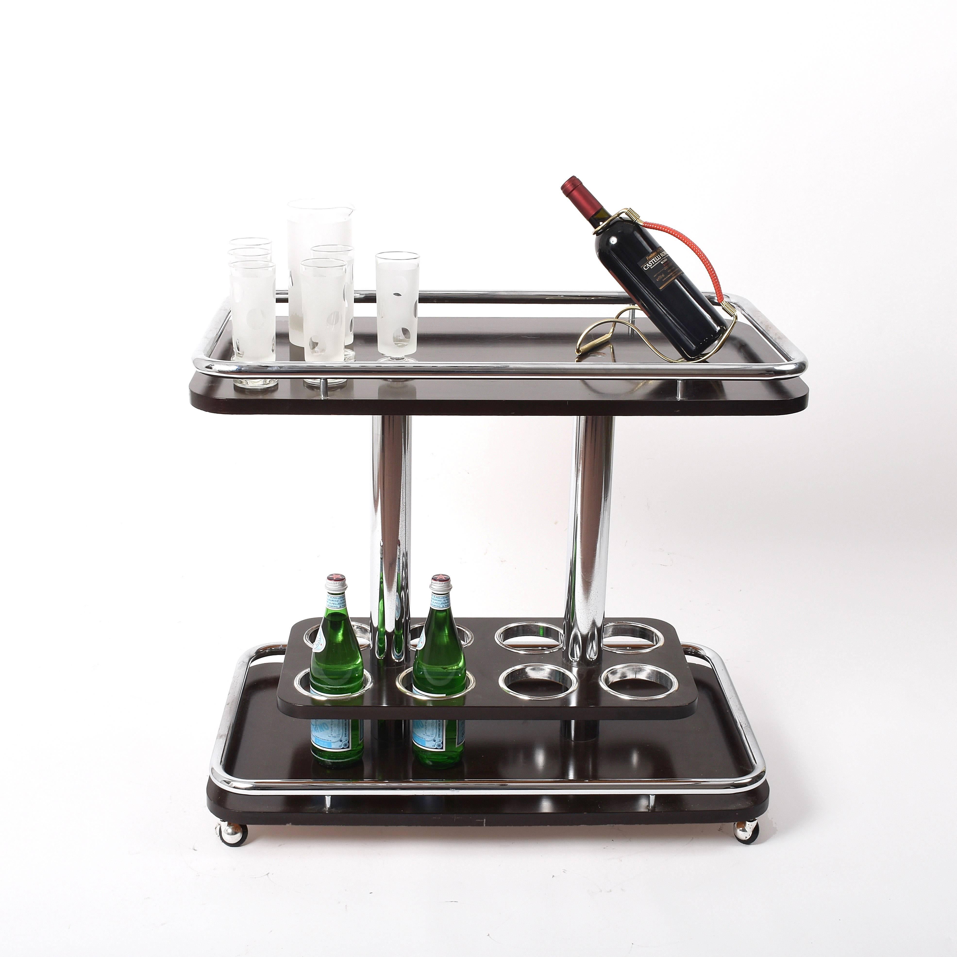 Galvanized Mid-Century Modern Bar Cart Afra e Tobia Scarpa Manner Chromed Metal & Lacquered