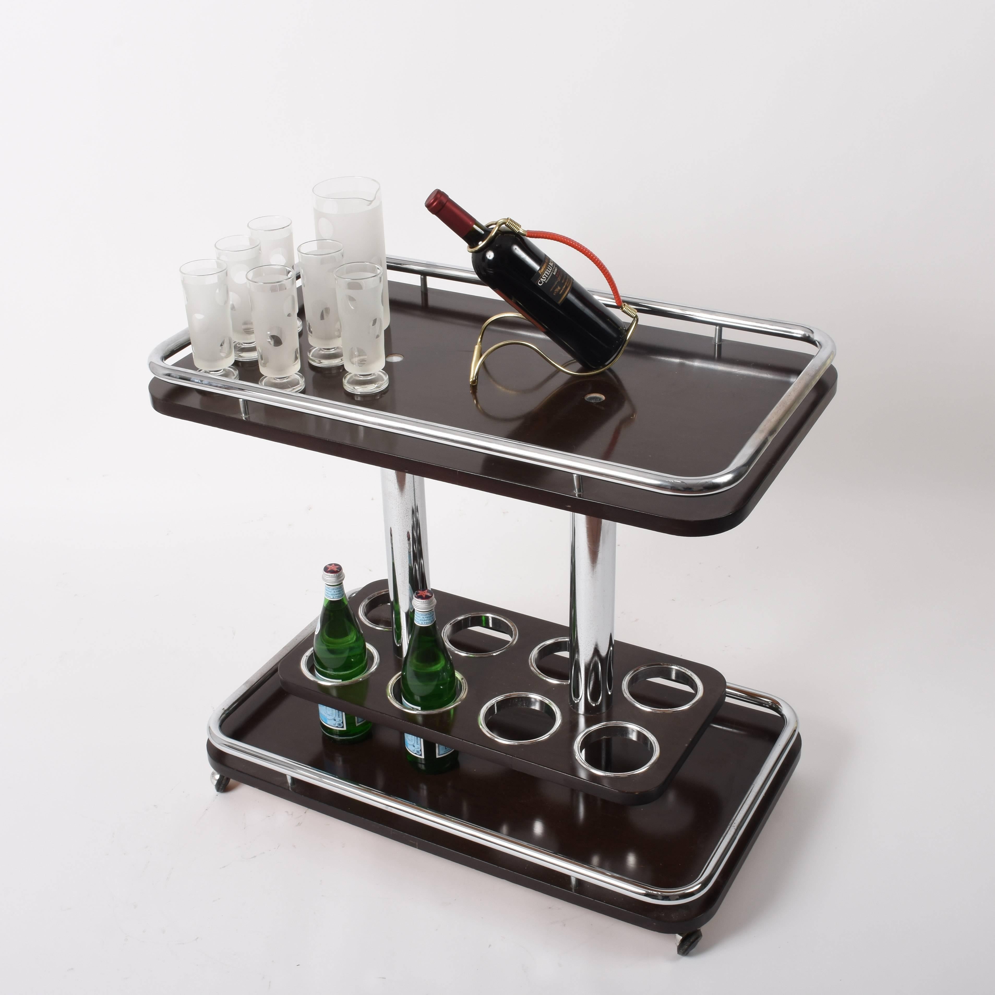 Late 20th Century Mid-Century Modern Bar Cart Afra e Tobia Scarpa Manner Chromed Metal & Lacquered