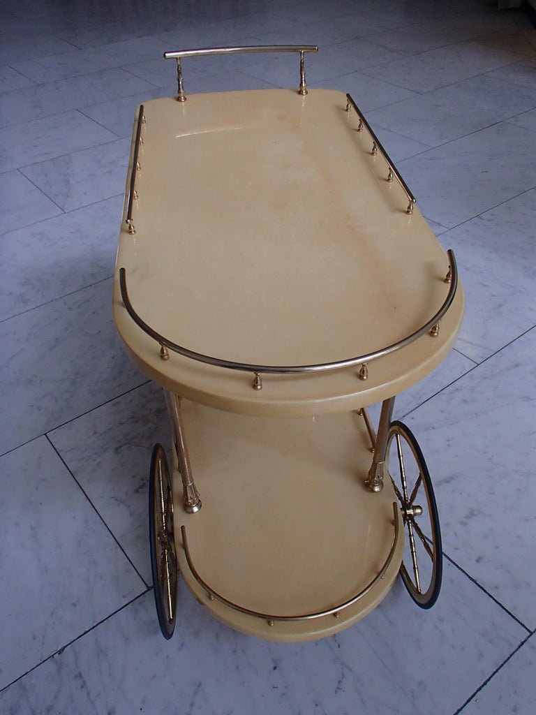 Mid-Century Modern Bar Cart by Aldo Tura Vanilla Goat Skin and Brass For Sale 9