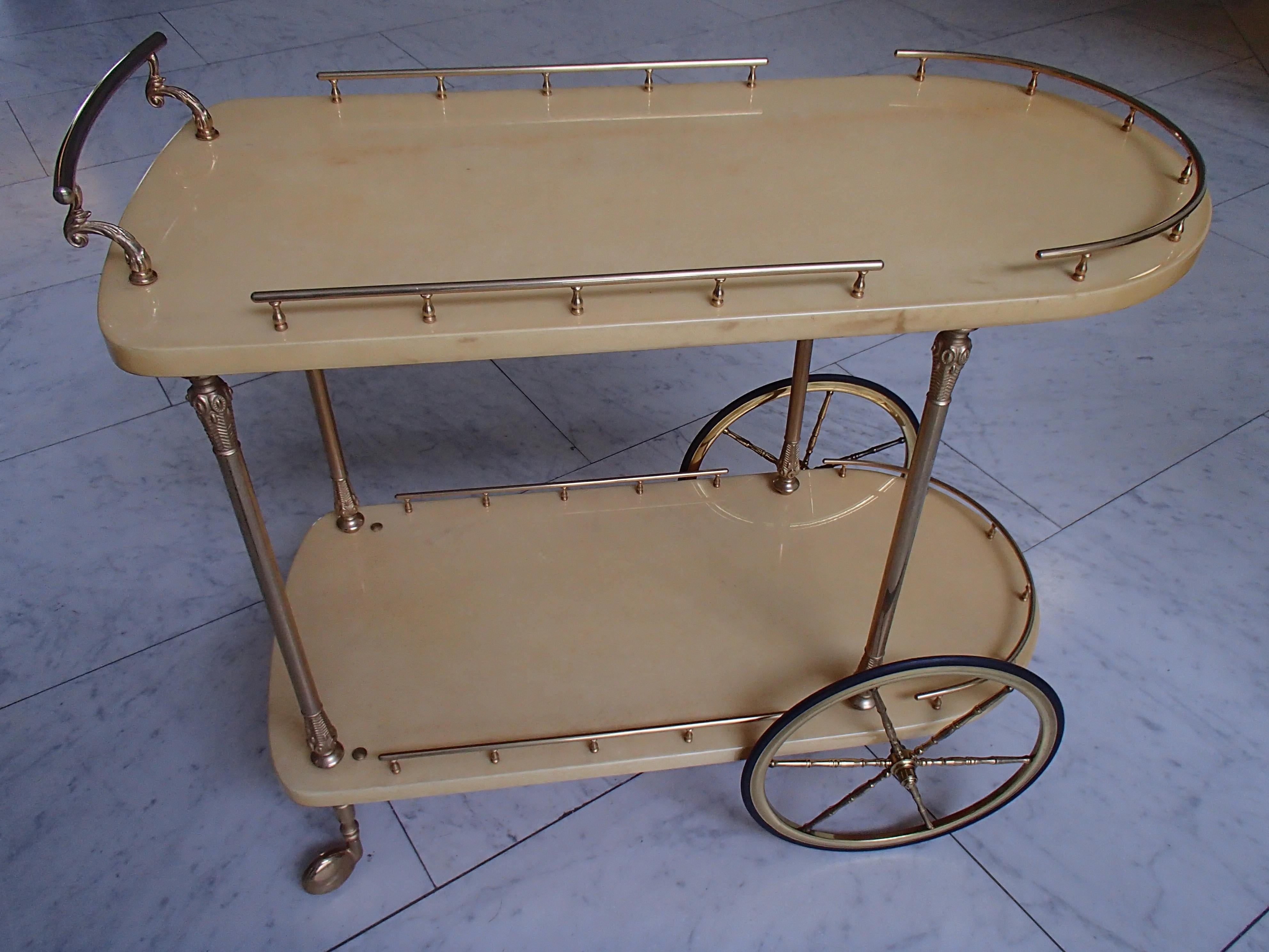 Italian Mid-Century Modern Bar Cart by Aldo Tura Vanilla Goat Skin and Brass