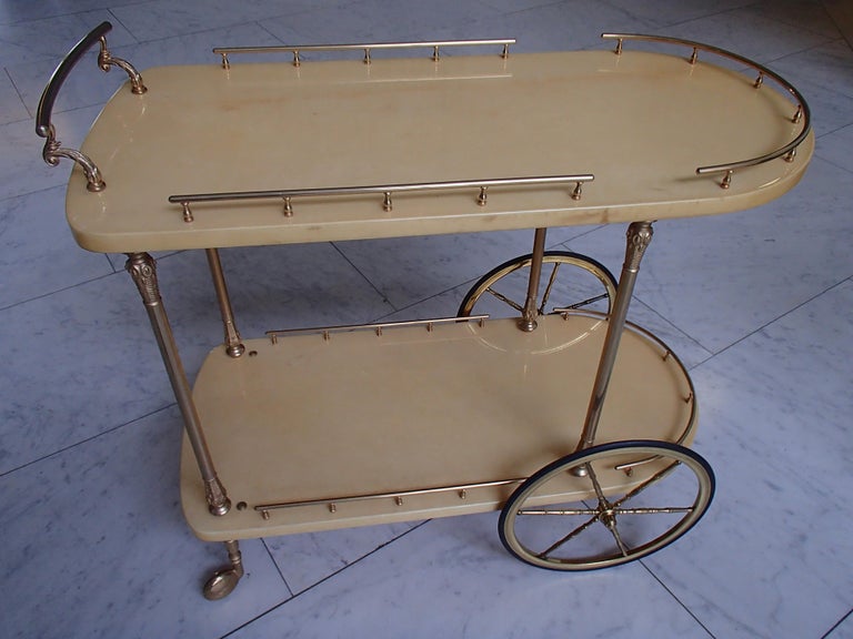 Italian Mid-Century Modern Bar Cart by Aldo Tura Vanilla Goat Skin and Brass For Sale