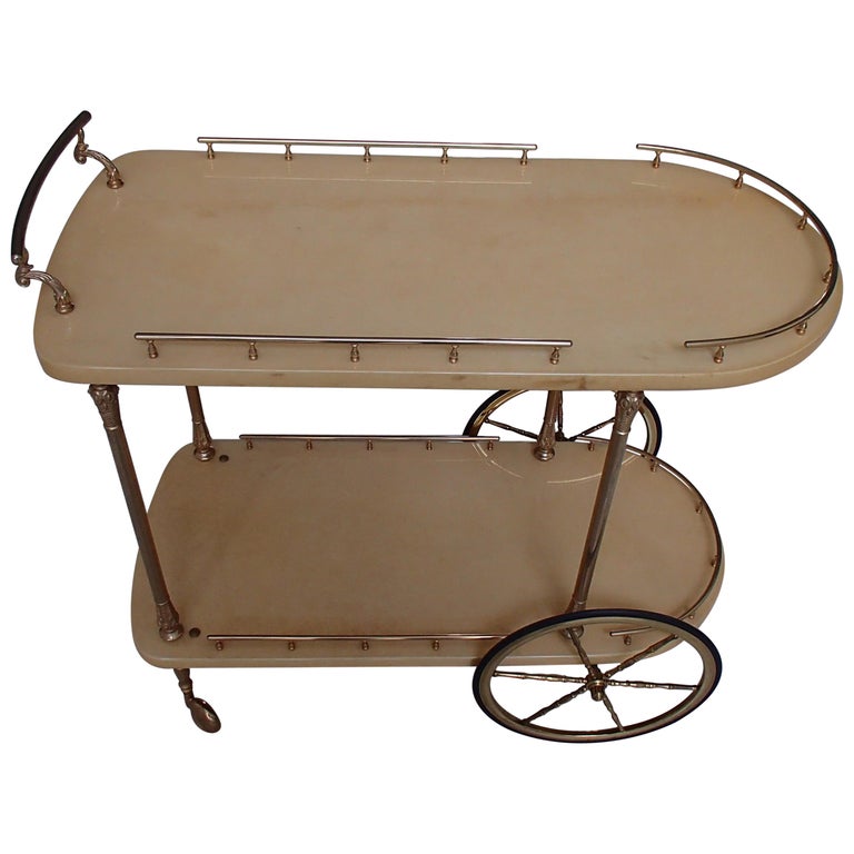 Mid-Century Modern Bar Cart by Aldo Tura Vanilla Goat Skin and Brass For Sale