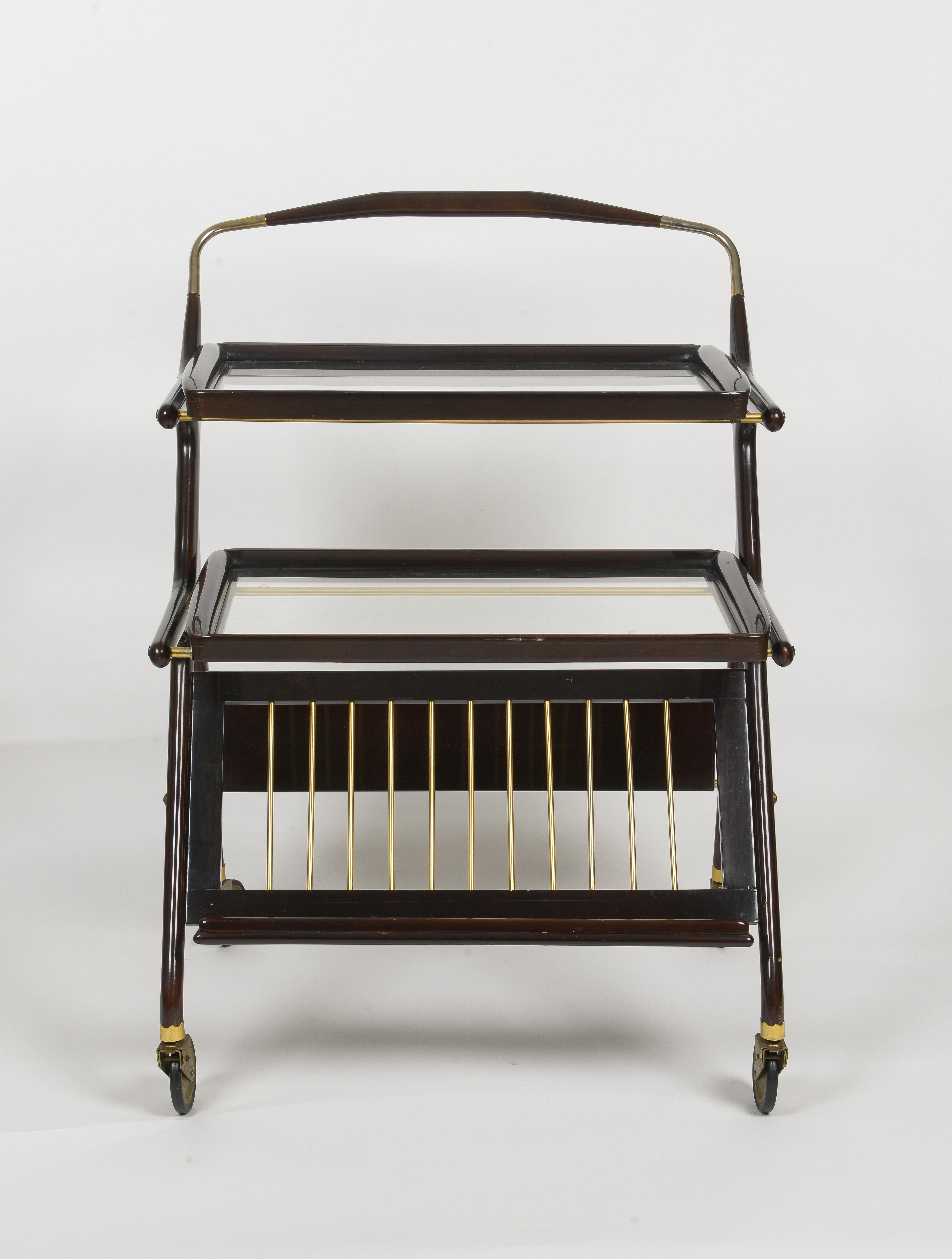 Mid-Century Modern Bar Cart By Cesare Lacca, Solid and Stained Mahogany- Italy.