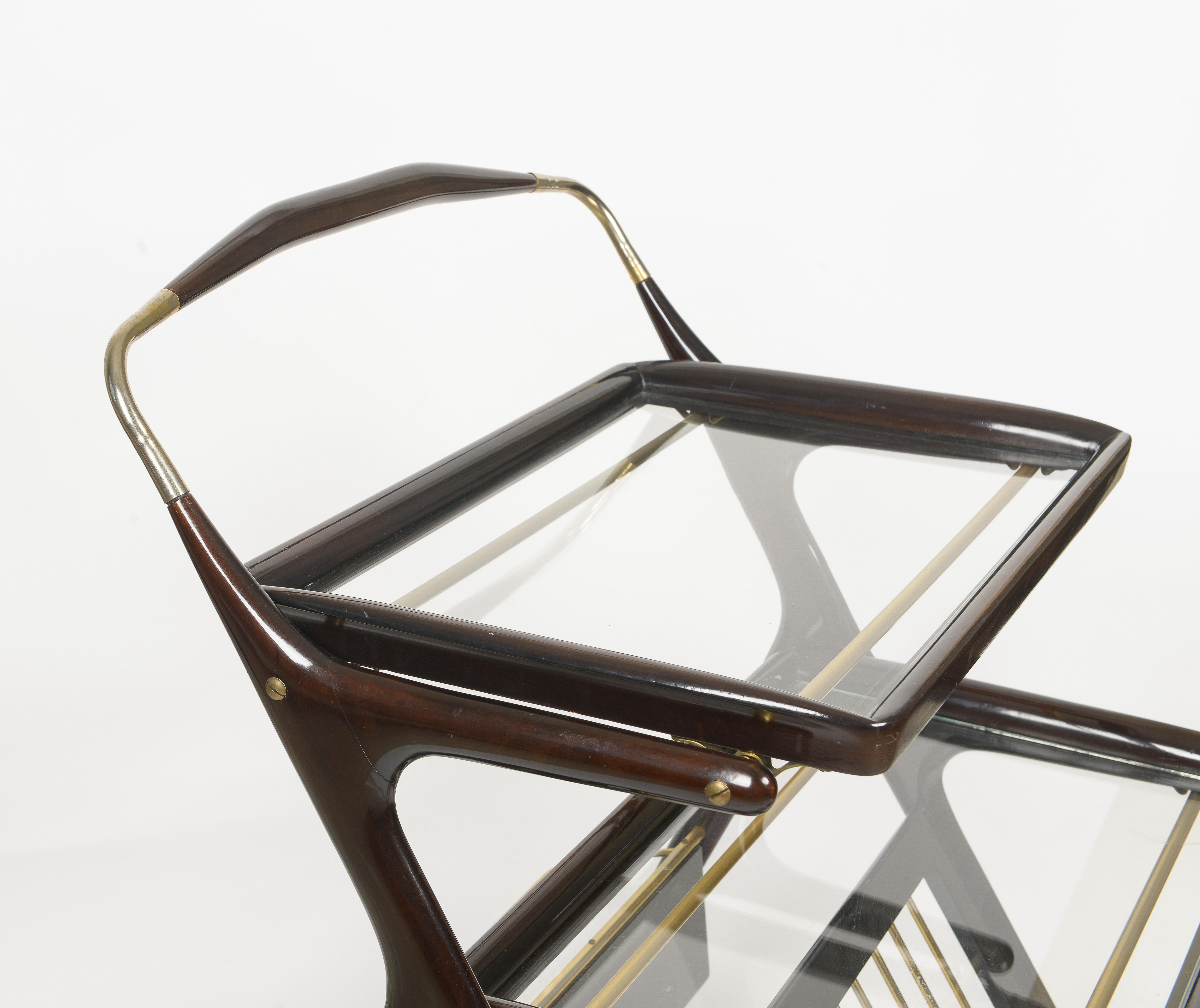 Mid-Century Modern Bar Cart By Cesare Lacca, Solid and Stained Mahogany In Good Condition For Sale In New York, NY