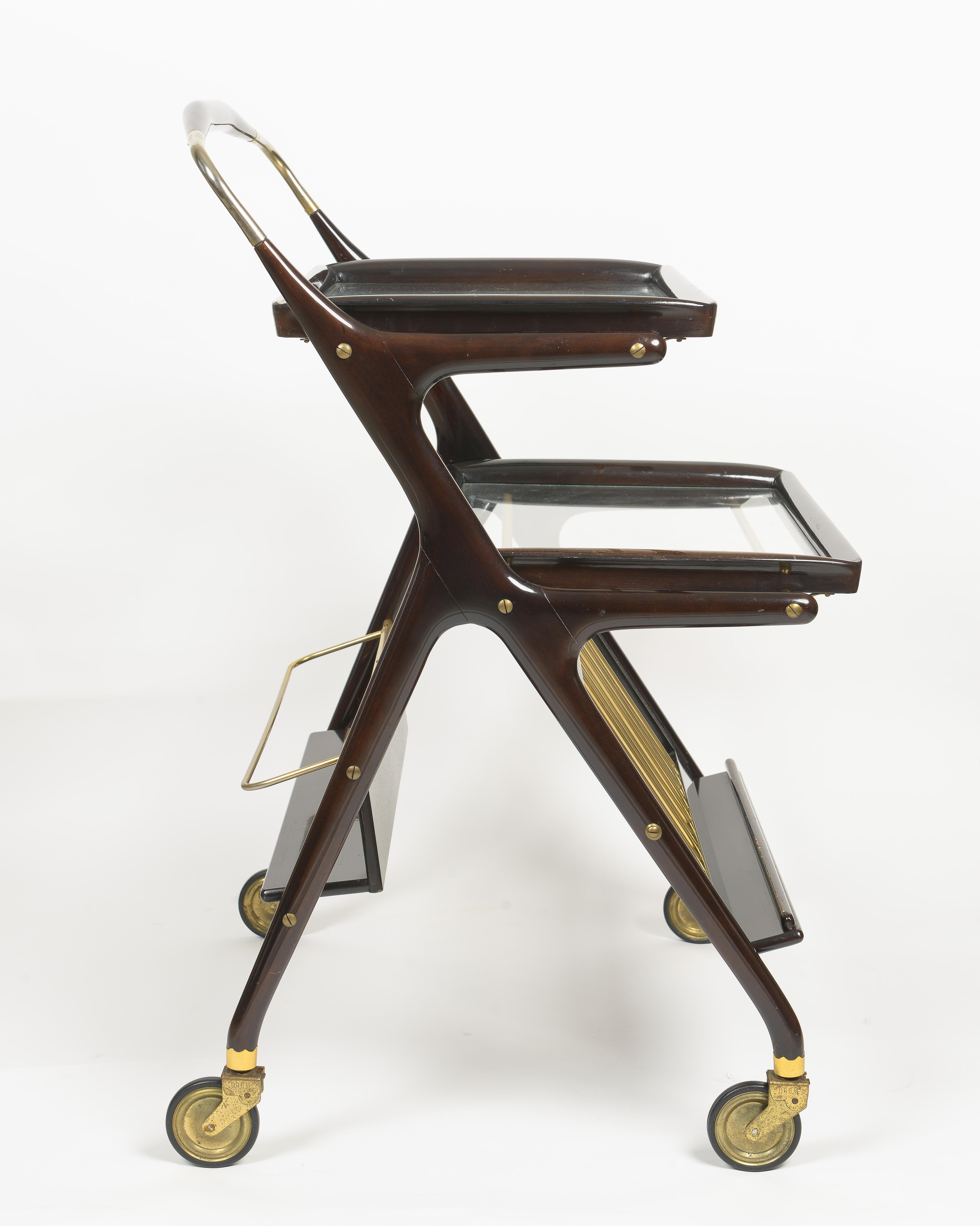 Mid-Century Modern Bar Cart By Cesare Lacca, Solid and Stained Mahogany For Sale 1