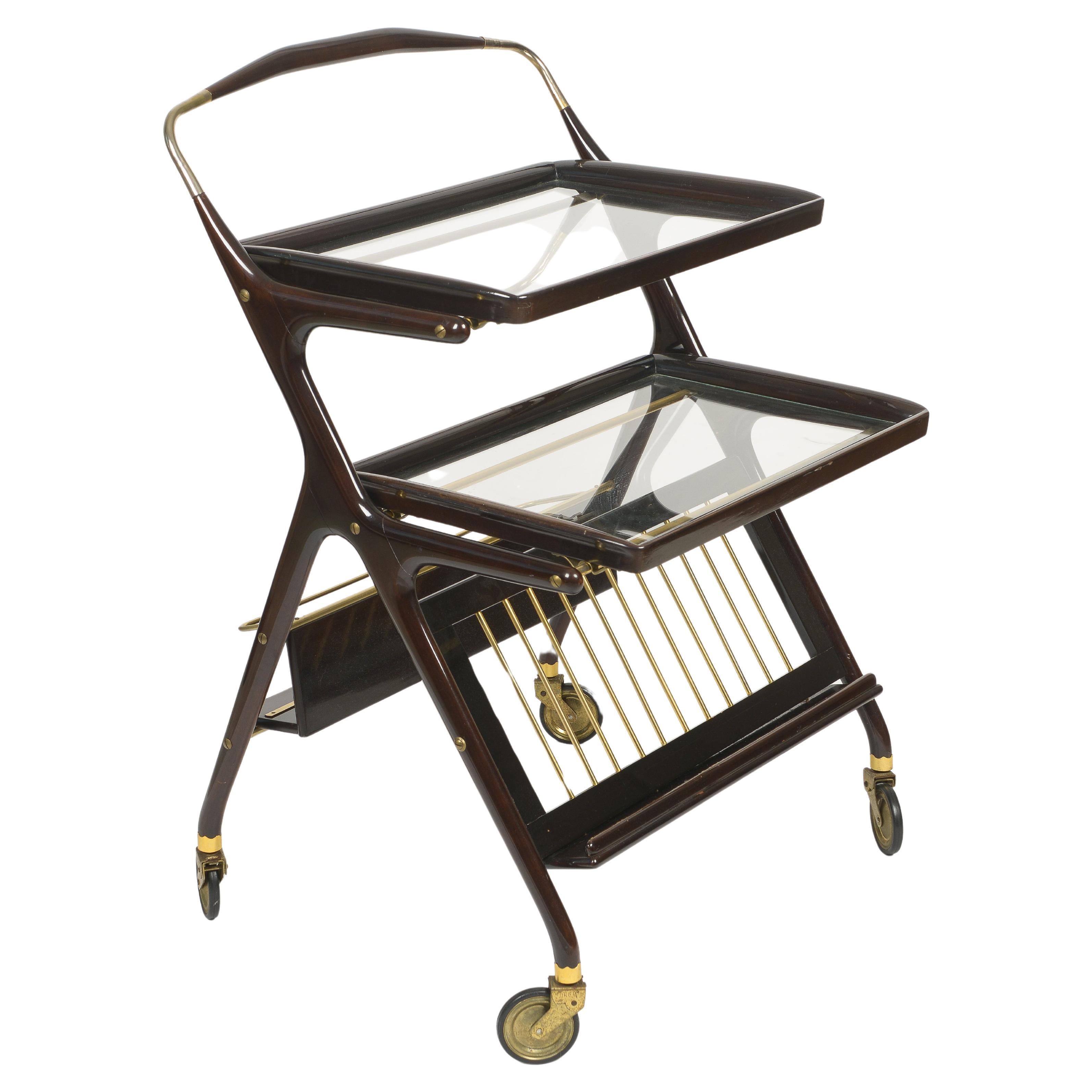 Carrito de bar moderno de mediados de siglo de Cesare Lacca, caoba maciza y teñida
