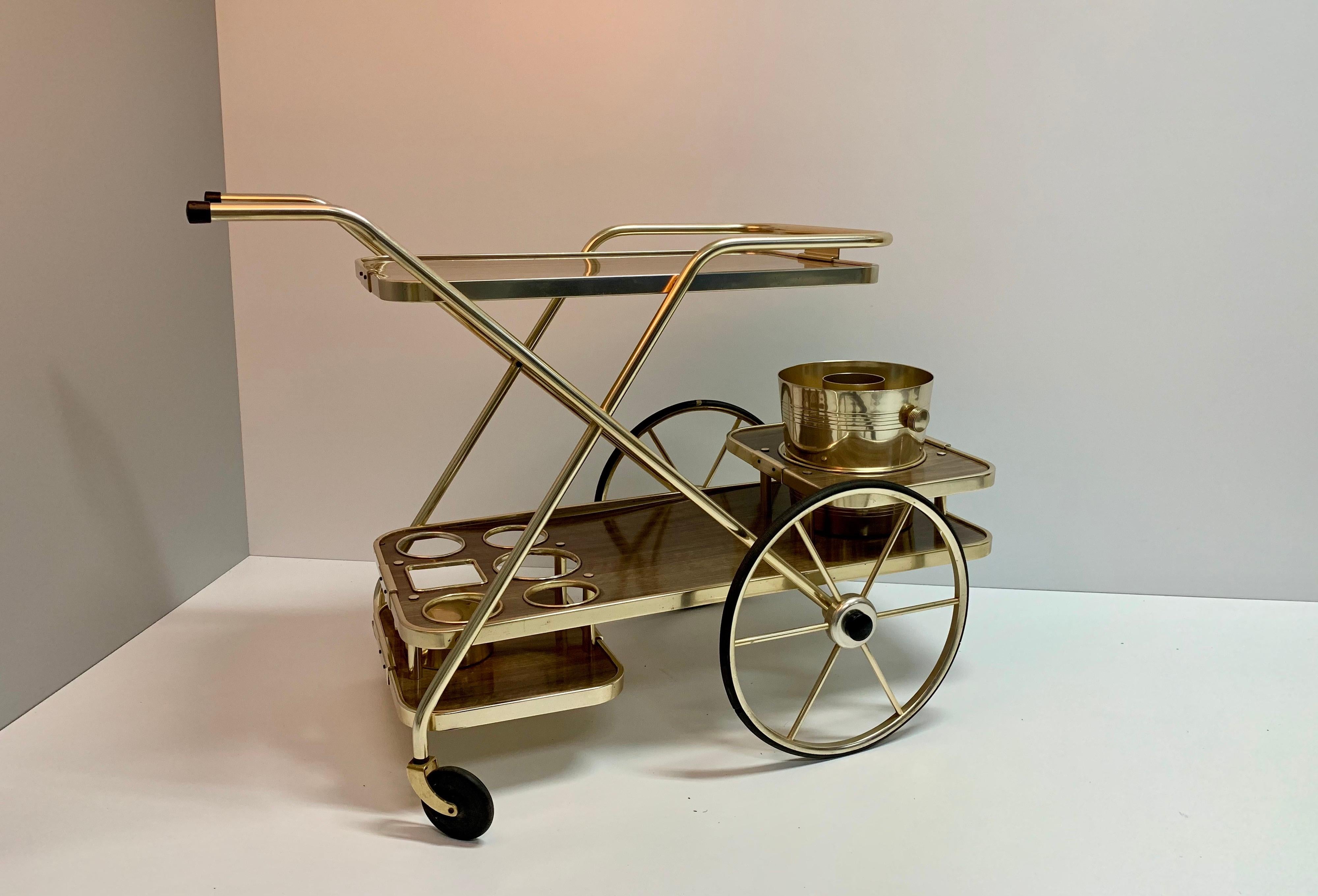 For your consideration, bar cart with champagne bucket by Kaymet, made in England, beautiful and lightweight anodized aluminum and stainless steel. Few pieces like this.
 