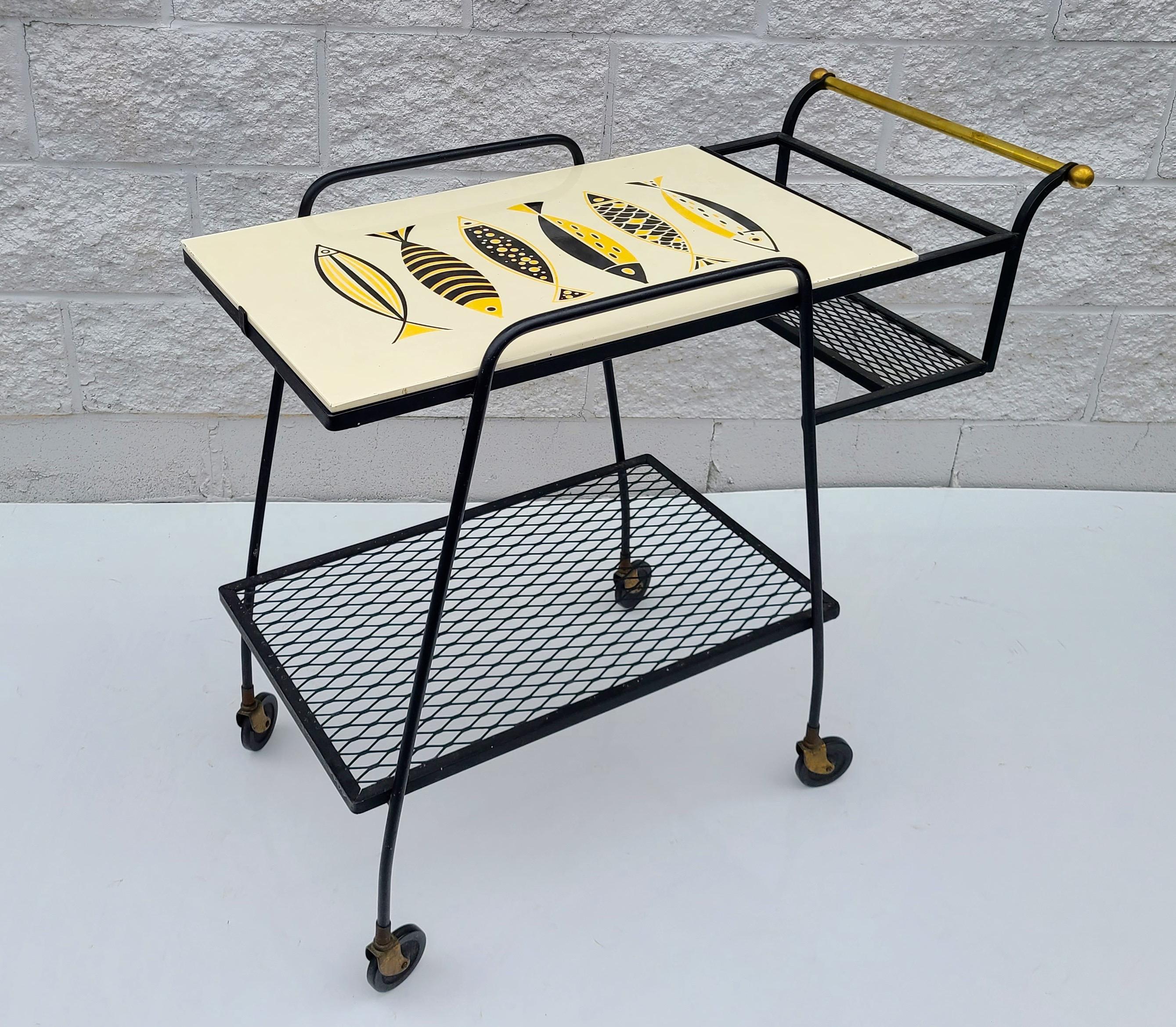 Mid-Century Modern Bar Cart Ceramic Fish Tile In Good Condition For Sale In Fraser, MI