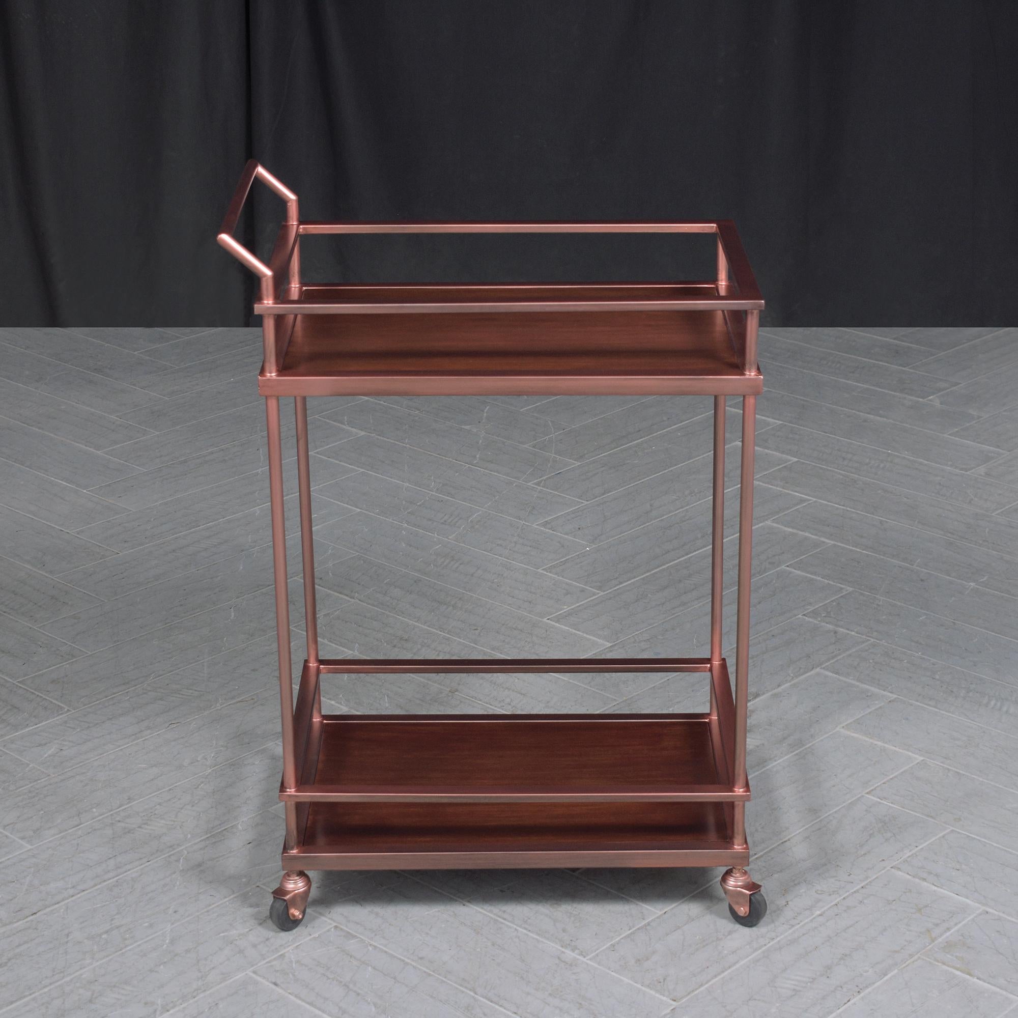 Dive into the essence of 1980s design with our modern bar cart, a masterpiece of craftsmanship and timeless elegance. Restored to perfection by our professional in-house team, this bar cart exemplifies the fusion of walnut wood and metal, ensuring