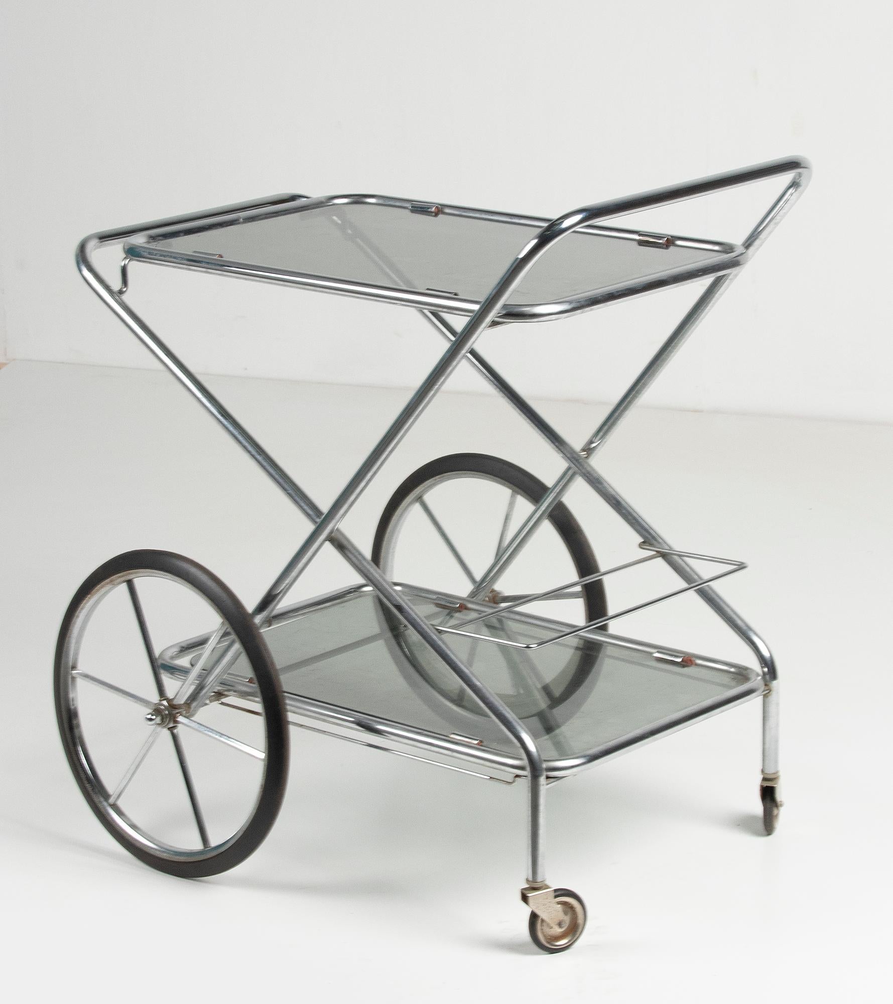 Mid-Century Modern Bar Cart Trolley Brushed Chrome Smoked Glass 5