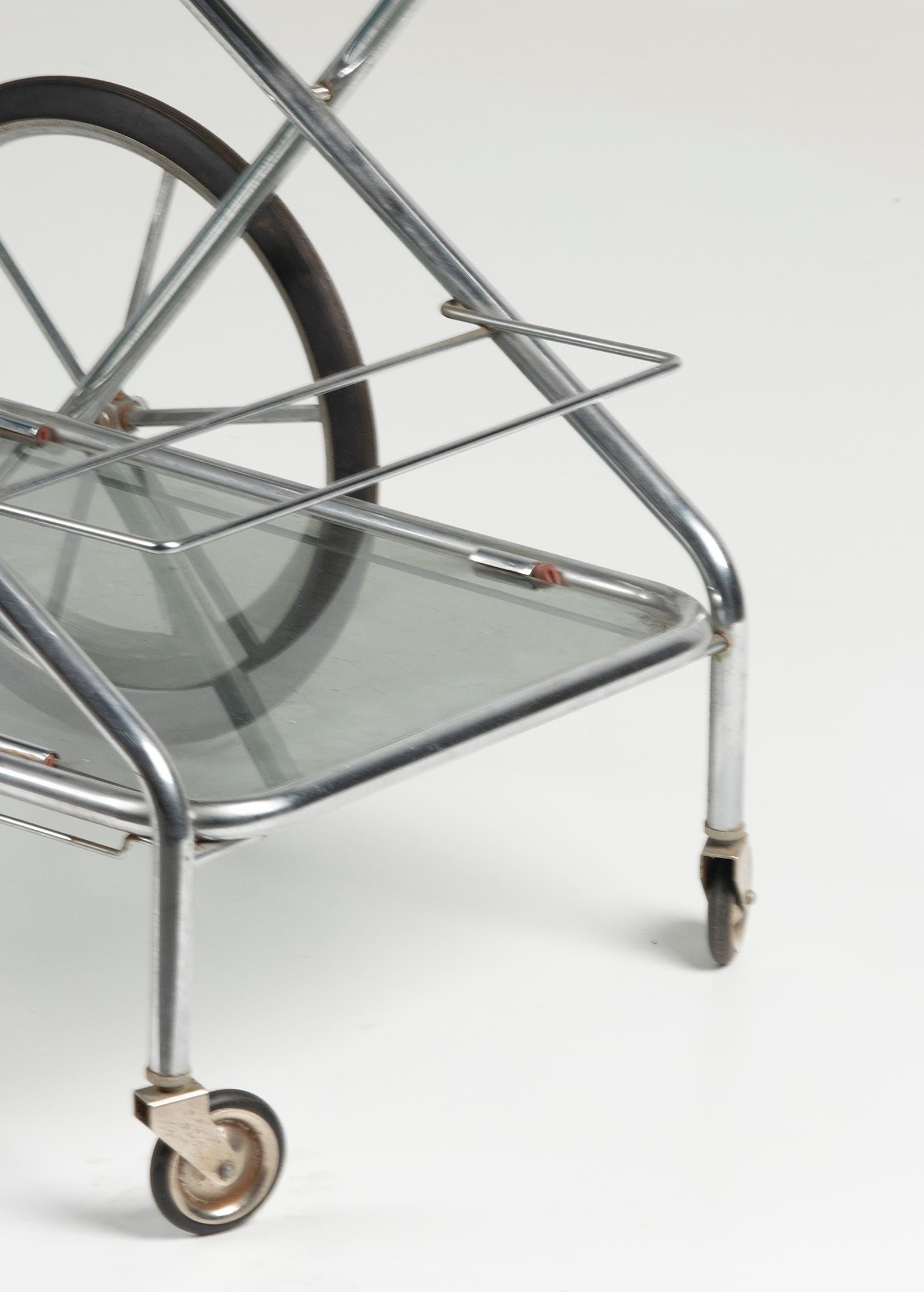 Mid-Century Modern Bar Cart Trolley Brushed Chrome Smoked Glass 6