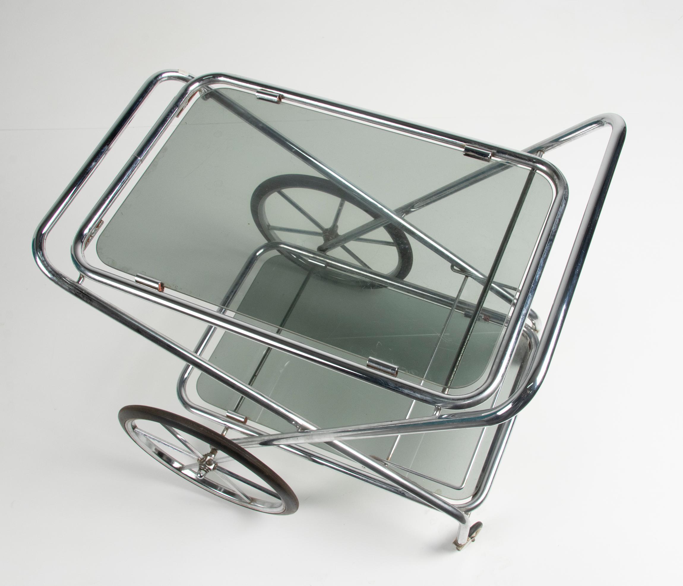 Belgian Mid-Century Modern Bar Cart Trolley Brushed Chrome Smoked Glass