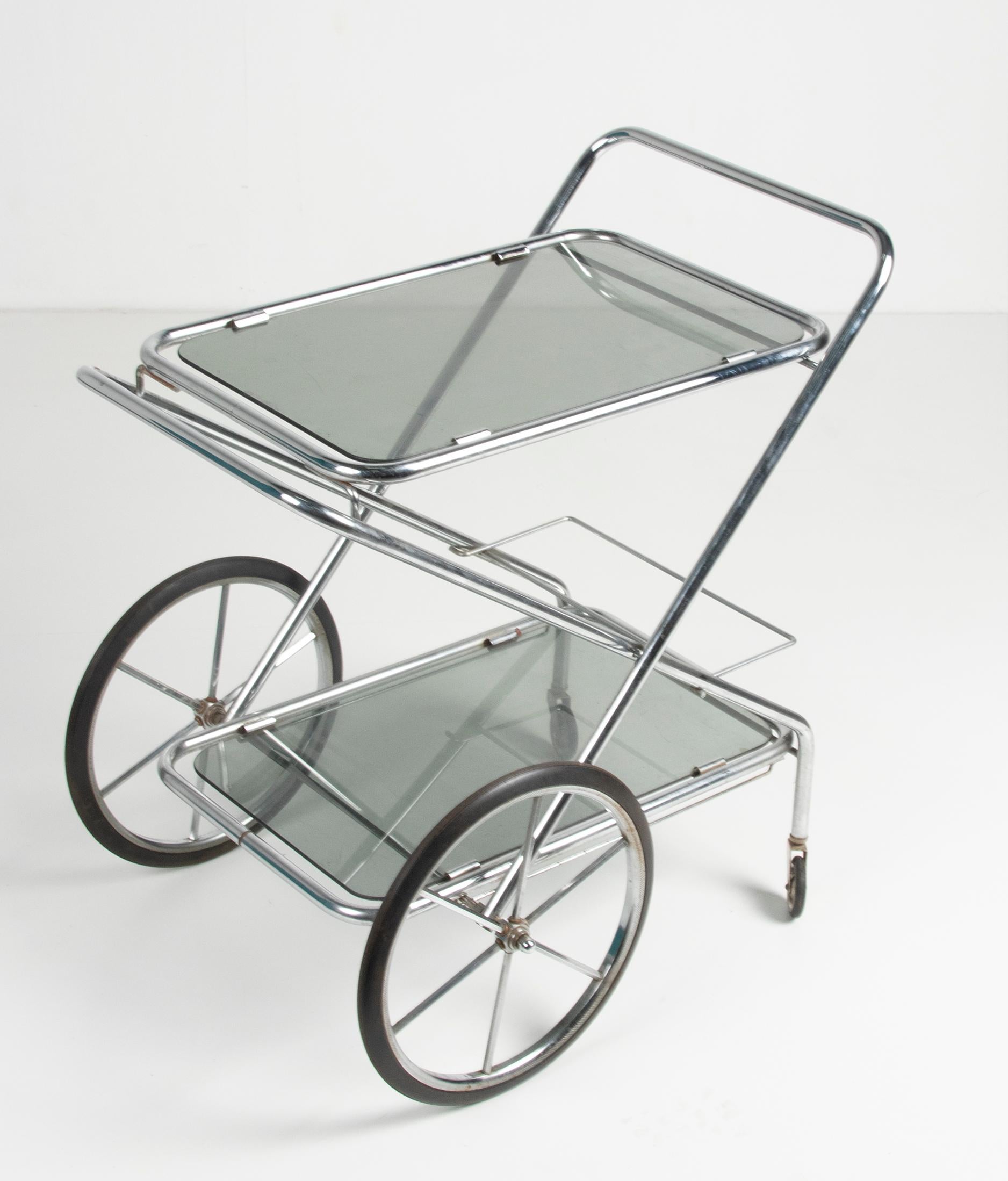 20th Century Mid-Century Modern Bar Cart Trolley Brushed Chrome Smoked Glass