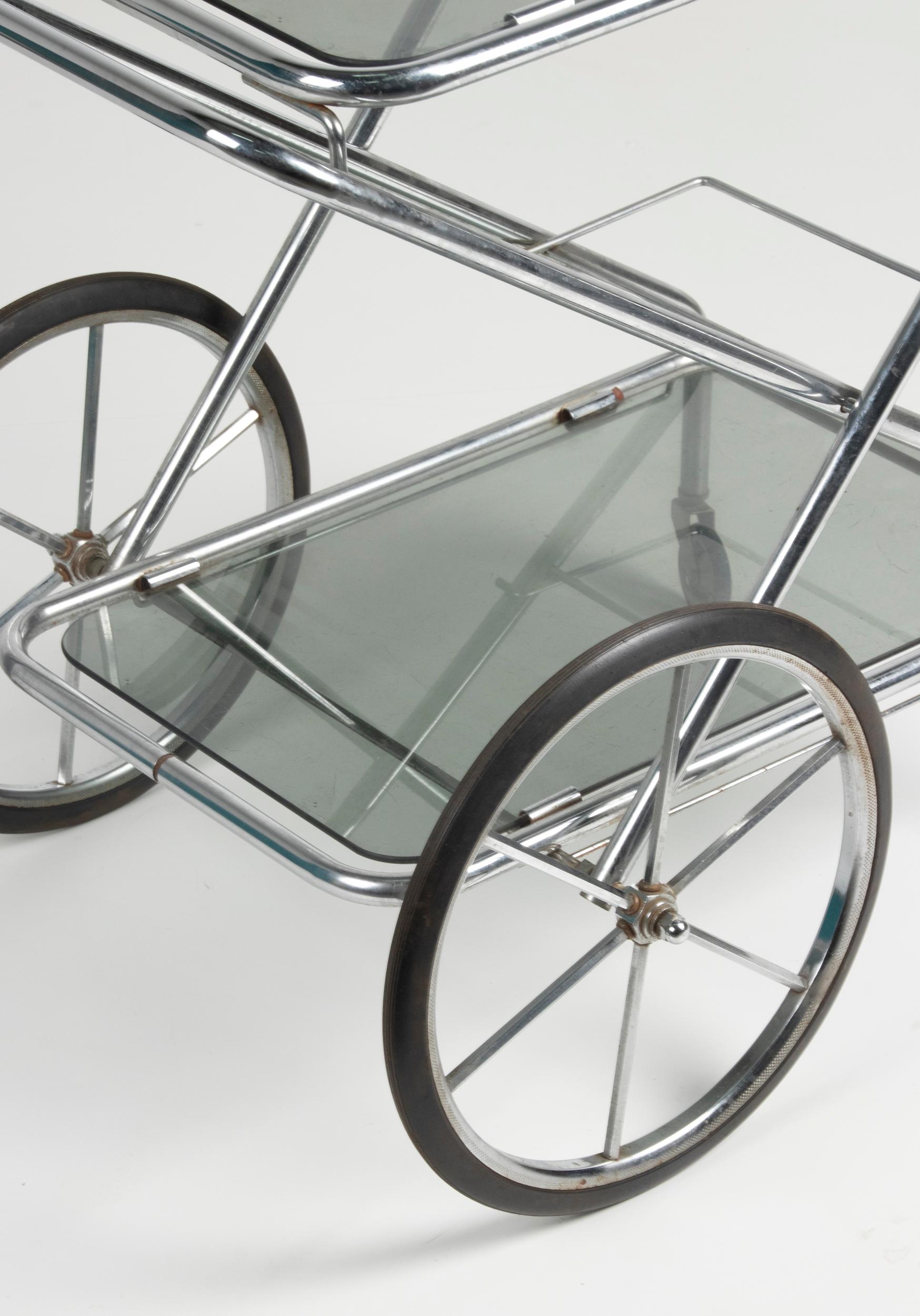 Metal Mid-Century Modern Bar Cart Trolley Brushed Chrome Smoked Glass