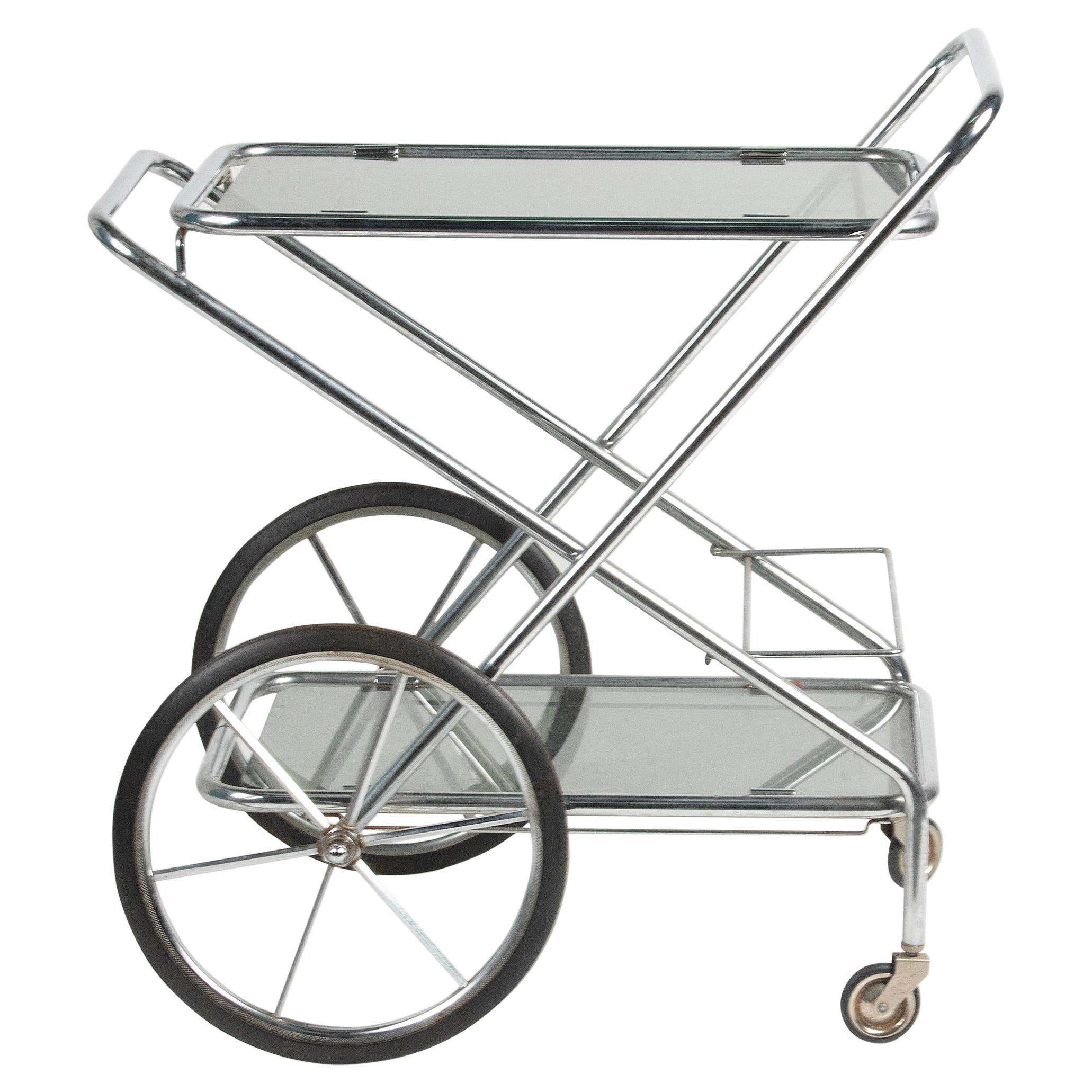 1980s French MidCentury Modern Chrome Bar Cart with Dark Glass Shelves