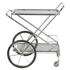 Vintage Mid-Century Modern Bar Cart Trolley Brushed Chrome Smoked Glass