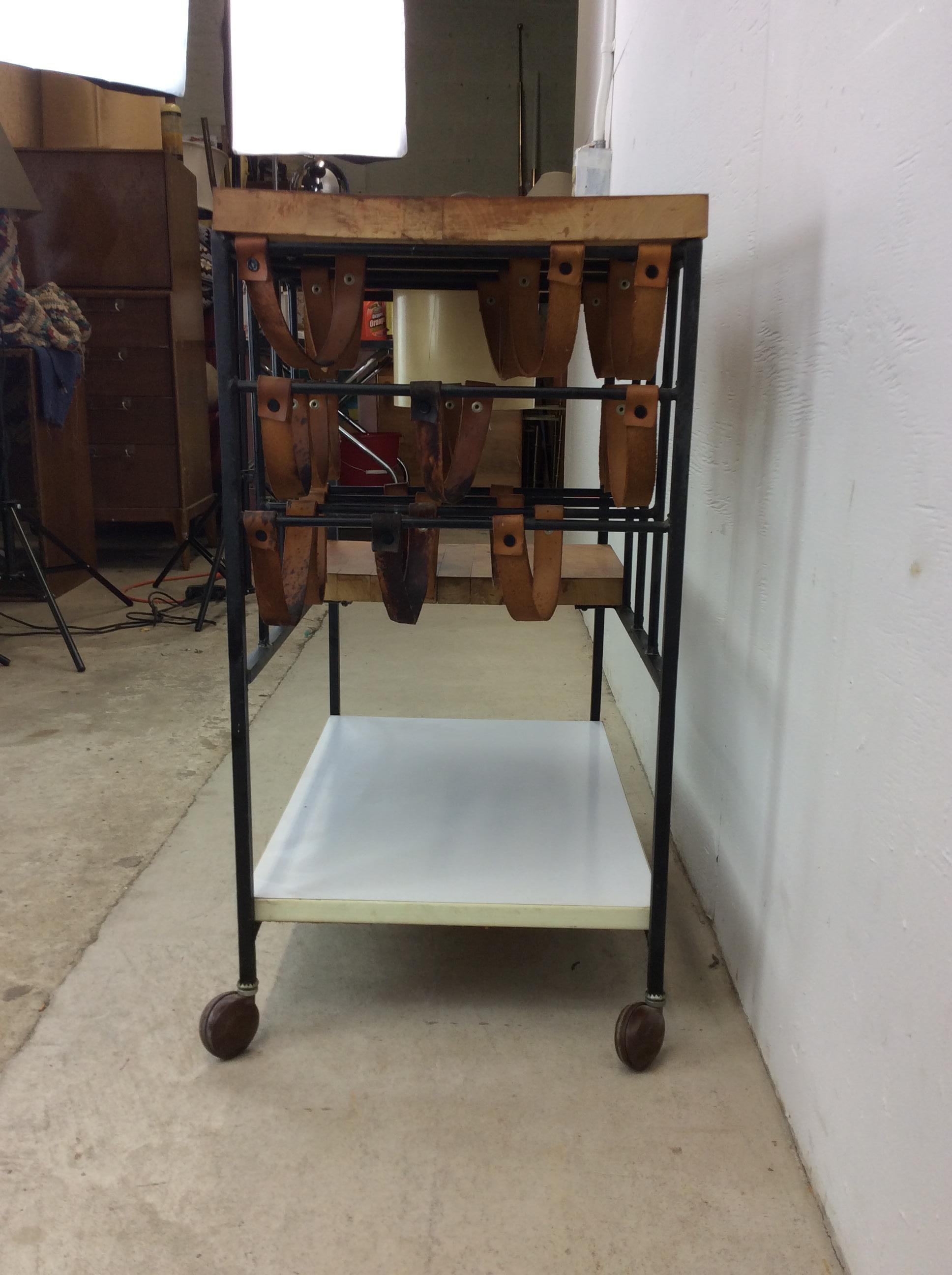Mid Century Modern Bar Cart with Leather Wine Rack For Sale 4