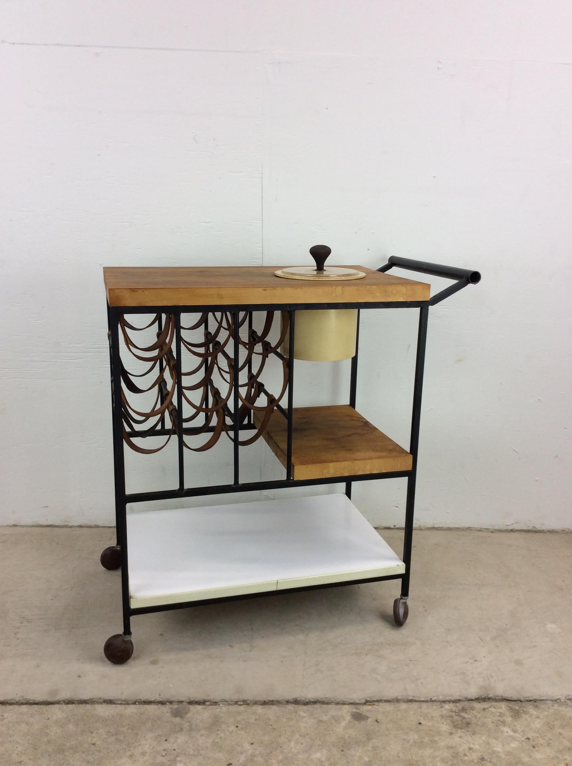 Mid Century Modern Bar Cart with Leather Wine Rack For Sale 11