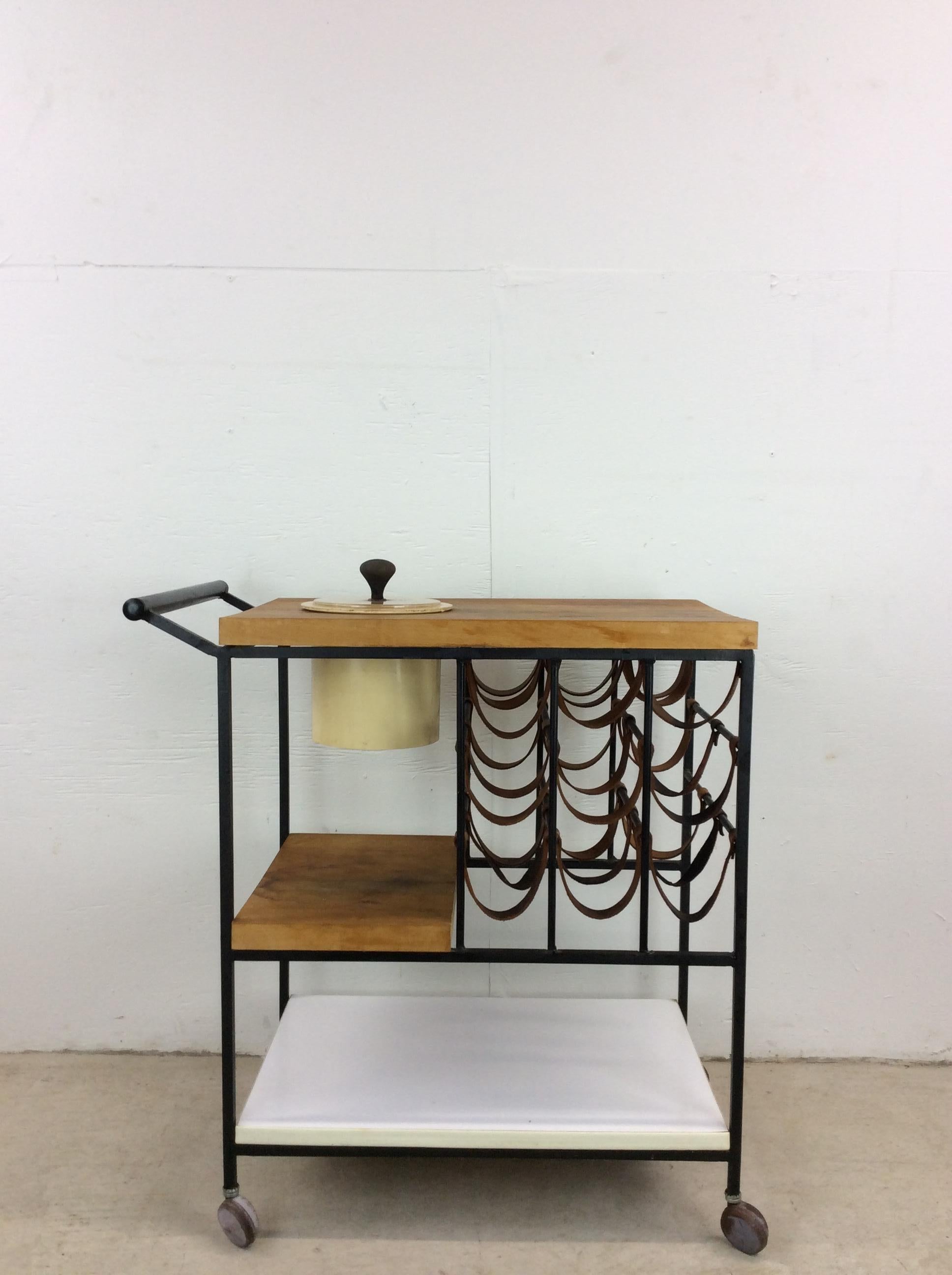 Mid-Century Modern Mid Century Modern Bar Cart with Leather Wine Rack For Sale