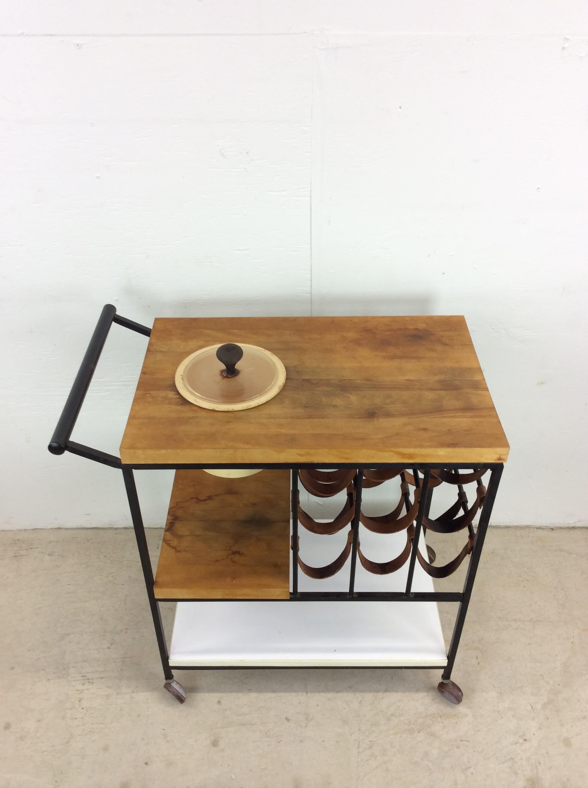 American Mid Century Modern Bar Cart with Leather Wine Rack For Sale