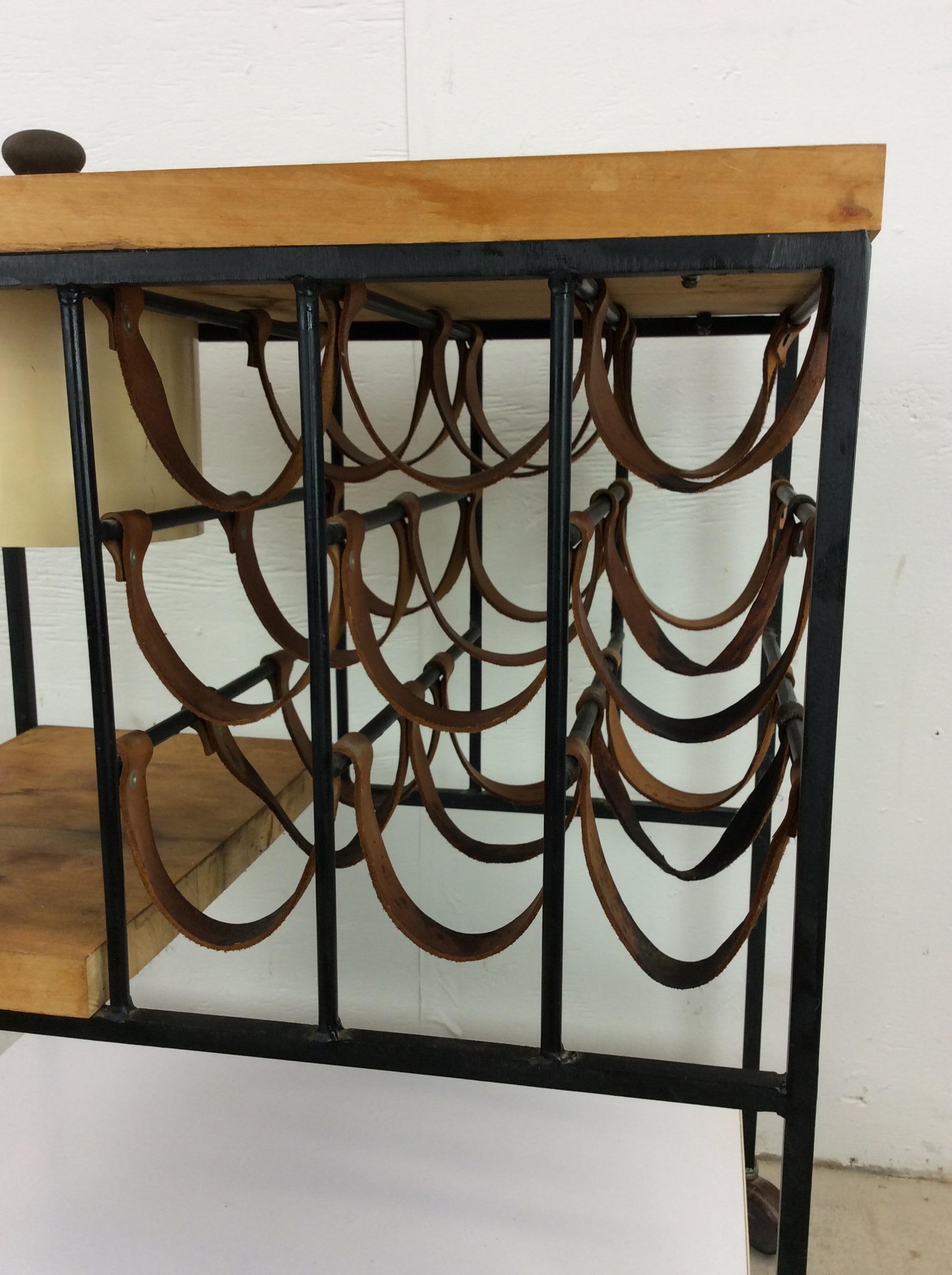 Mid Century Modern Bar Cart with Leather Wine Rack In Good Condition For Sale In Freehold, NJ
