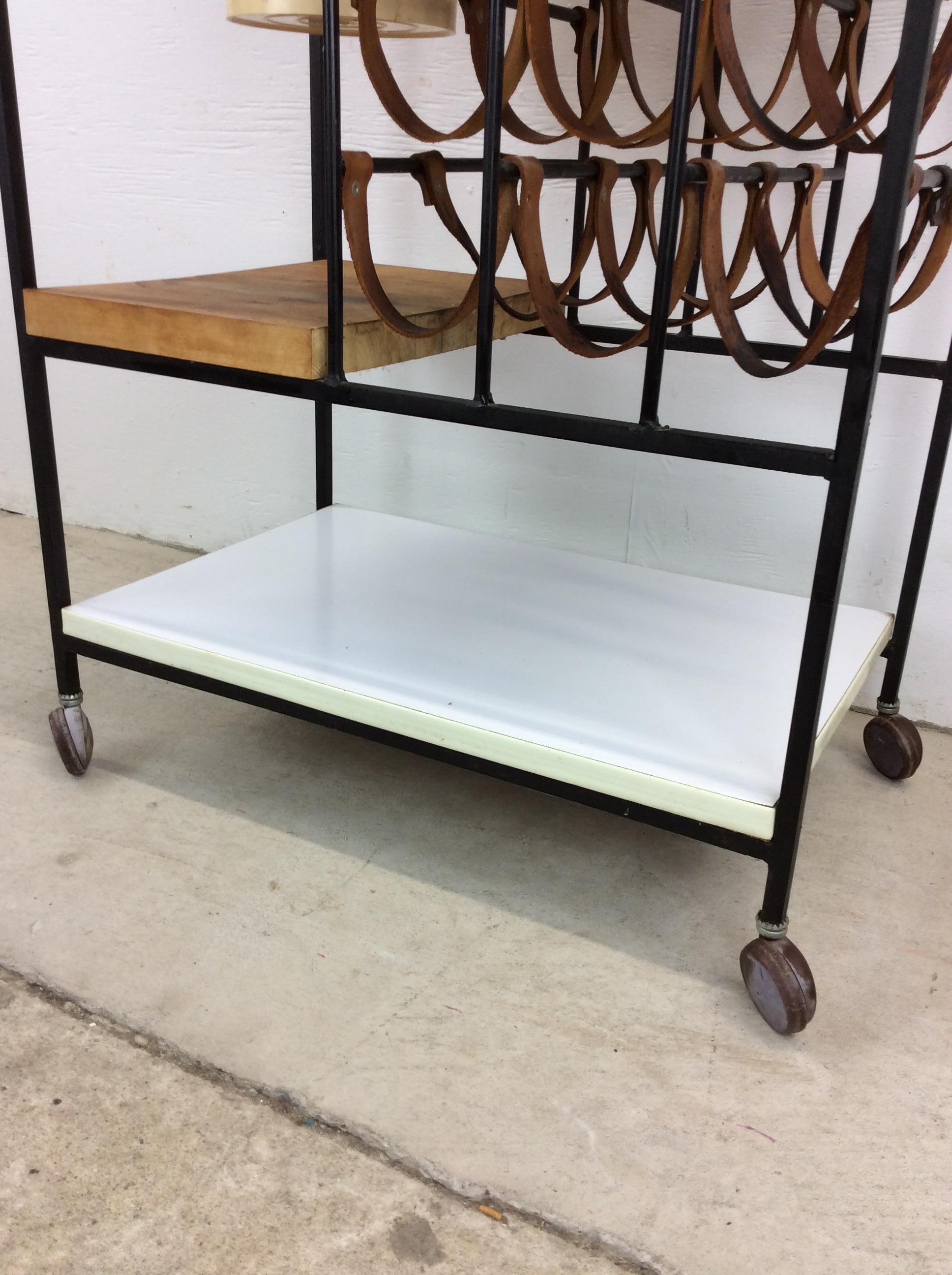 20th Century Mid Century Modern Bar Cart with Leather Wine Rack For Sale