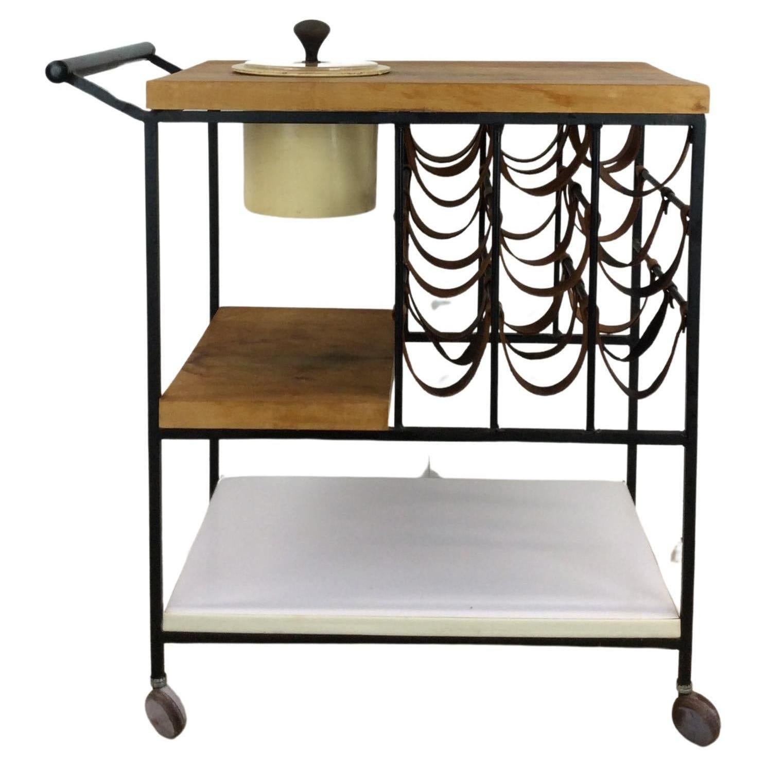 Mid Century Modern Bar Cart with Leather Wine Rack For Sale